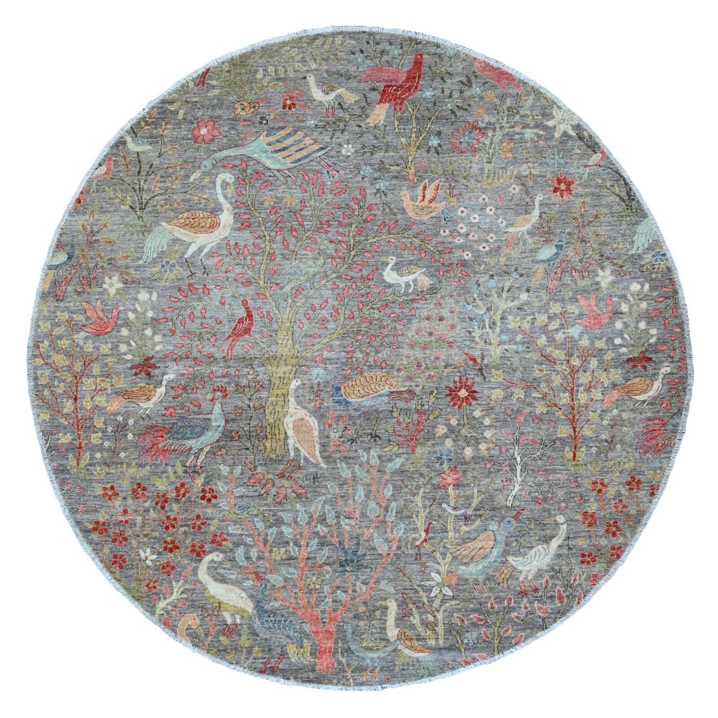 7'9"X7'9" Gray Birds Of Paradise Design Hand Knotted Soft Wool Round Rug
