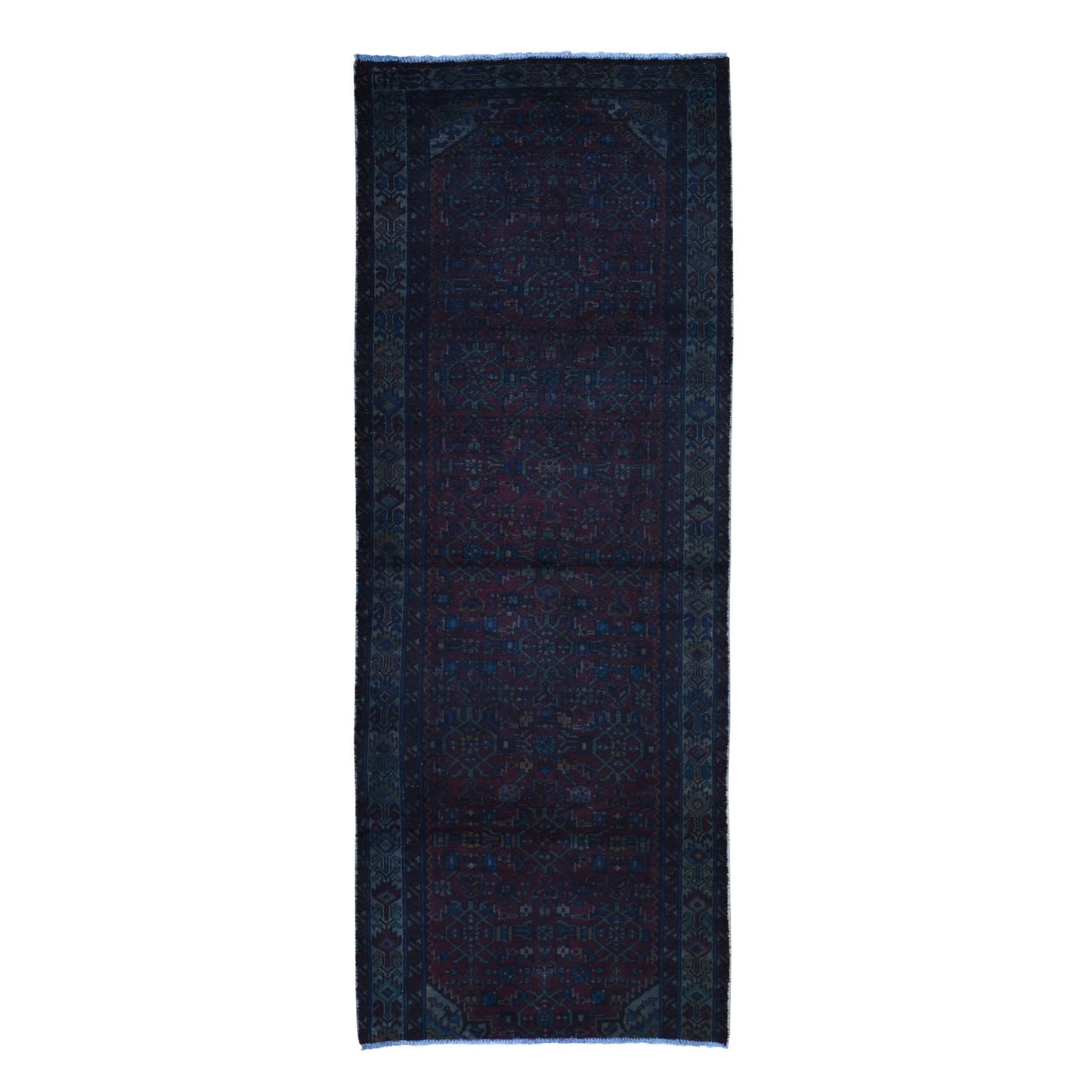 3'6"X9'1" Overdyed Wide Runner Worn Wool Hand Knotted Village Rug