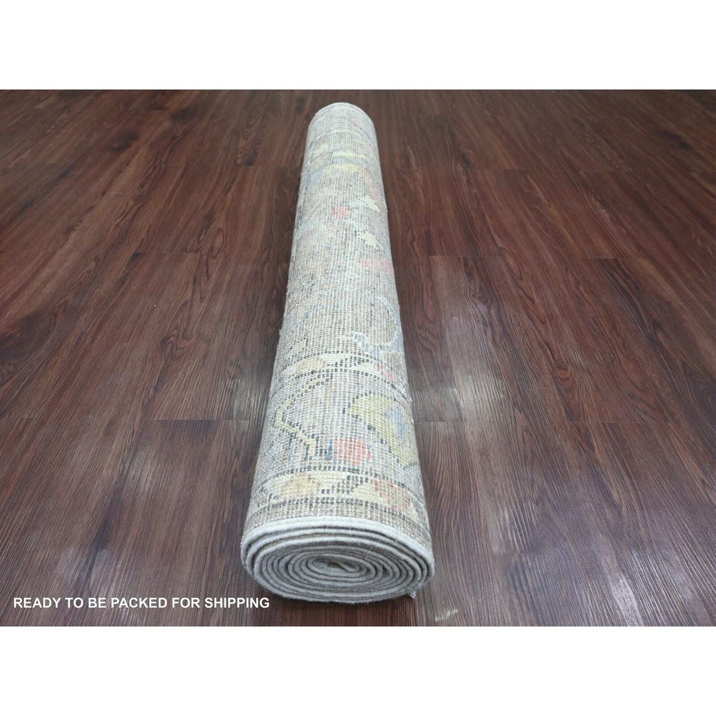 3'9"X12'1" Gray Hand Knotted Angora Oushak Leaf Design Wool Runner Rug