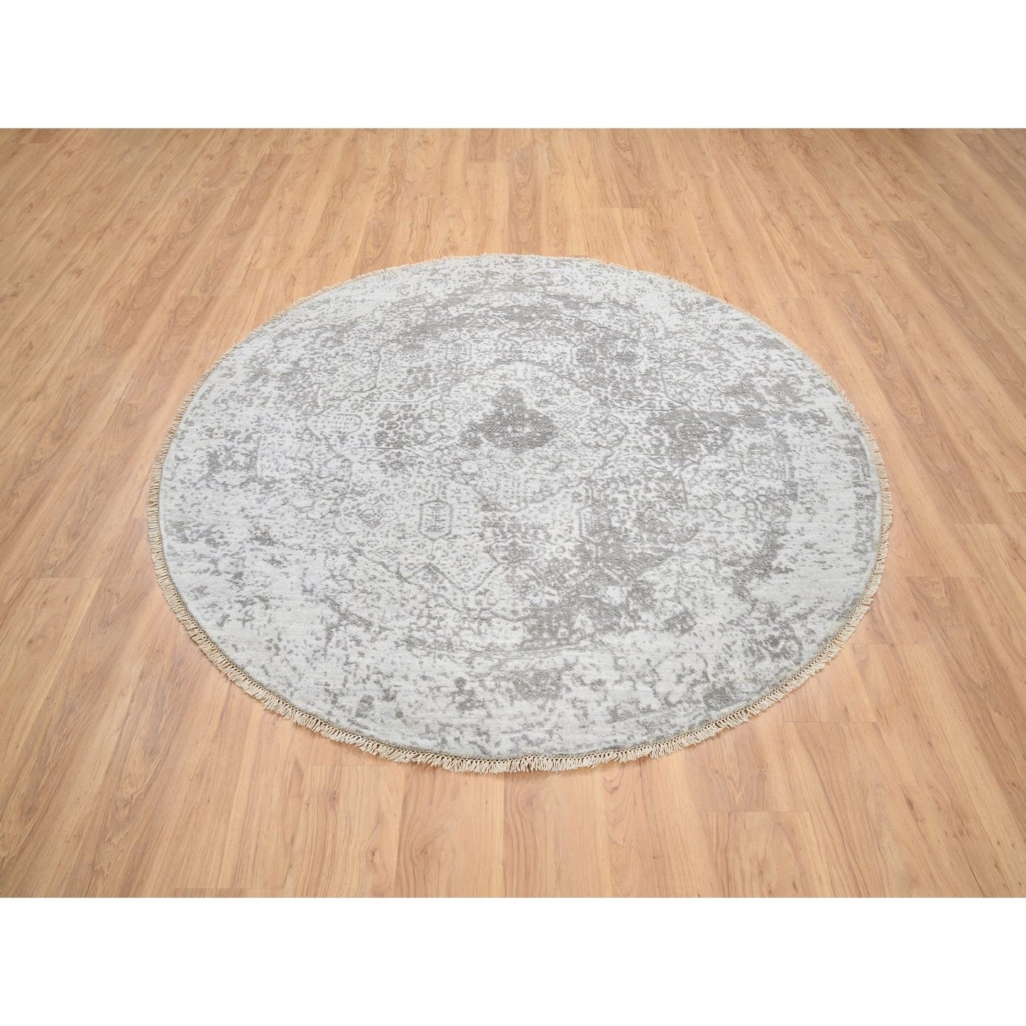 6'7"X6'7" Gray Hand Knotted Broken Farsian Design Wool And Silk Round Rug