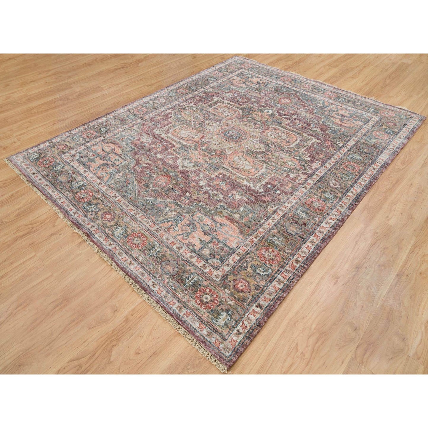 7'10"X10' Rosewood Red Hand Knotted Heris Revival Soft Wool Oriental Rug