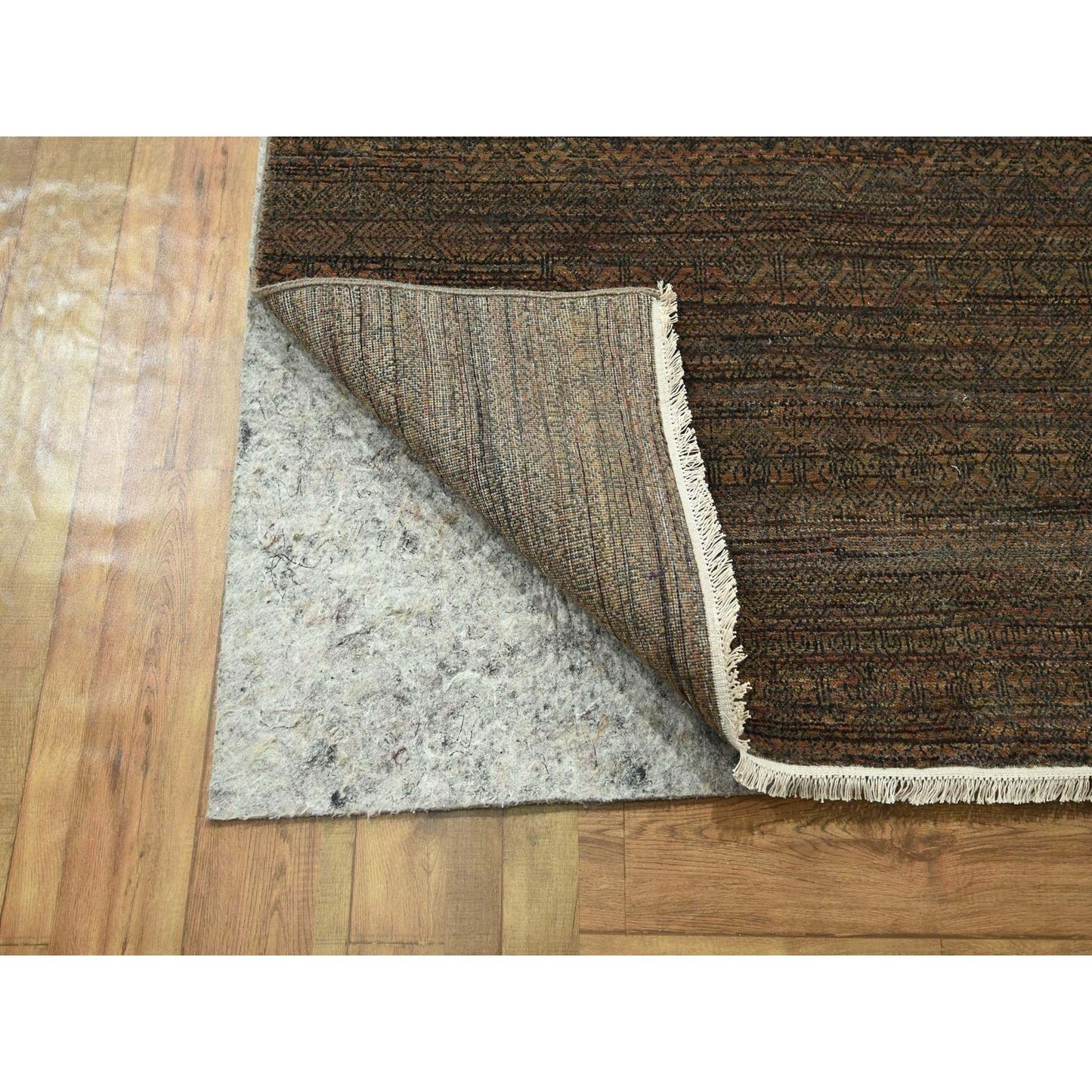 10'X14' Cinnamon Brown Modern Grass Design Hand Knotted Wool And Silk Rug