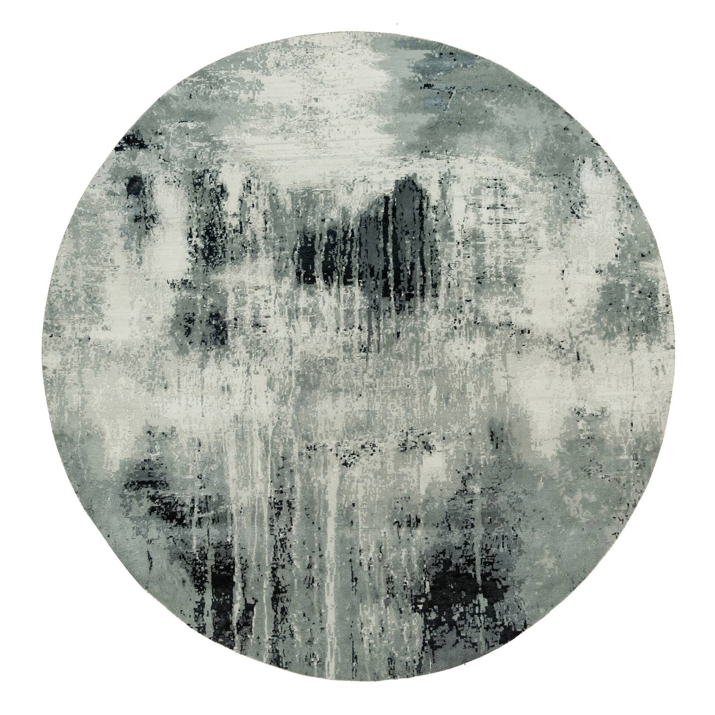 10'X10' Obsidian Black Hand Knotted Abstract Wool And Silk Round Rug