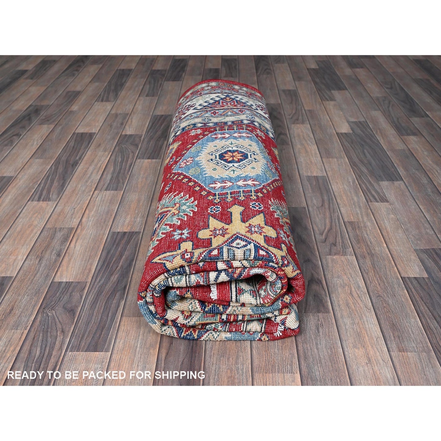 8'2"X9'8" Red Kazak With Geometric Medallions Design Wool Hand Knotted Rug