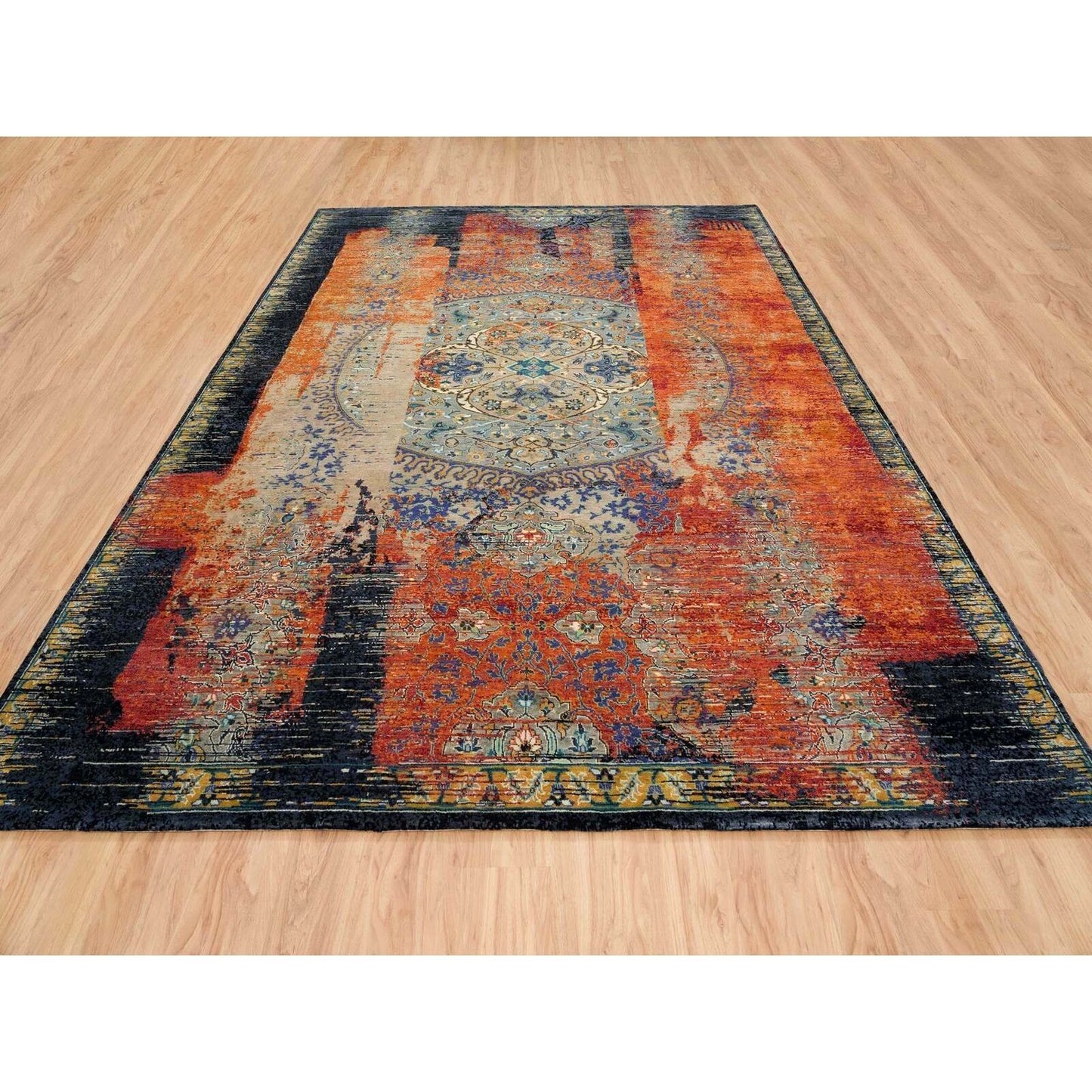 9'X12'1" Rust Red Wool Hand Knotted Ancient Ottoman Erased Design Rug