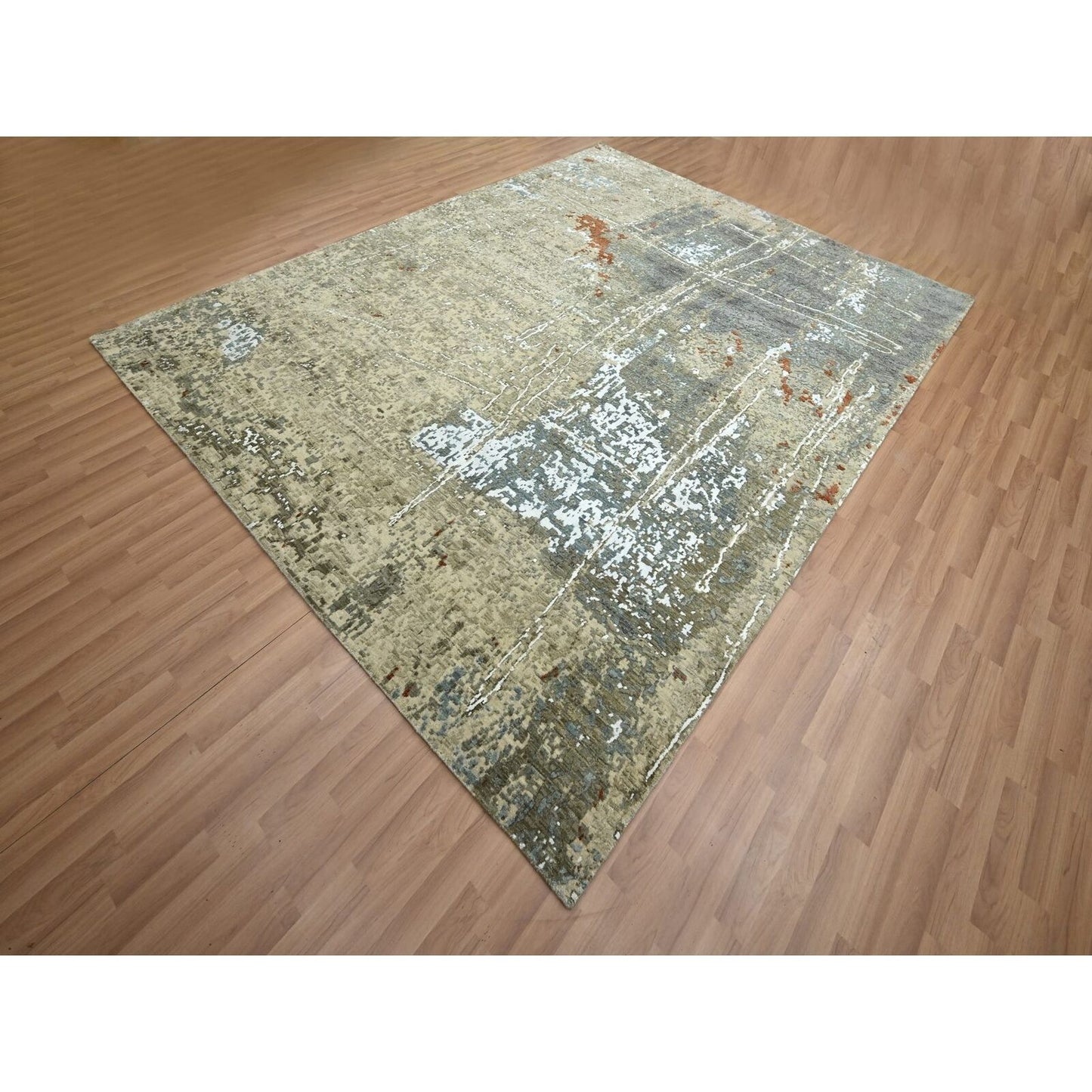 7'10"X10'2" Beige Pure Wool Abstract With Galaxy Design Hand Knotted Rug