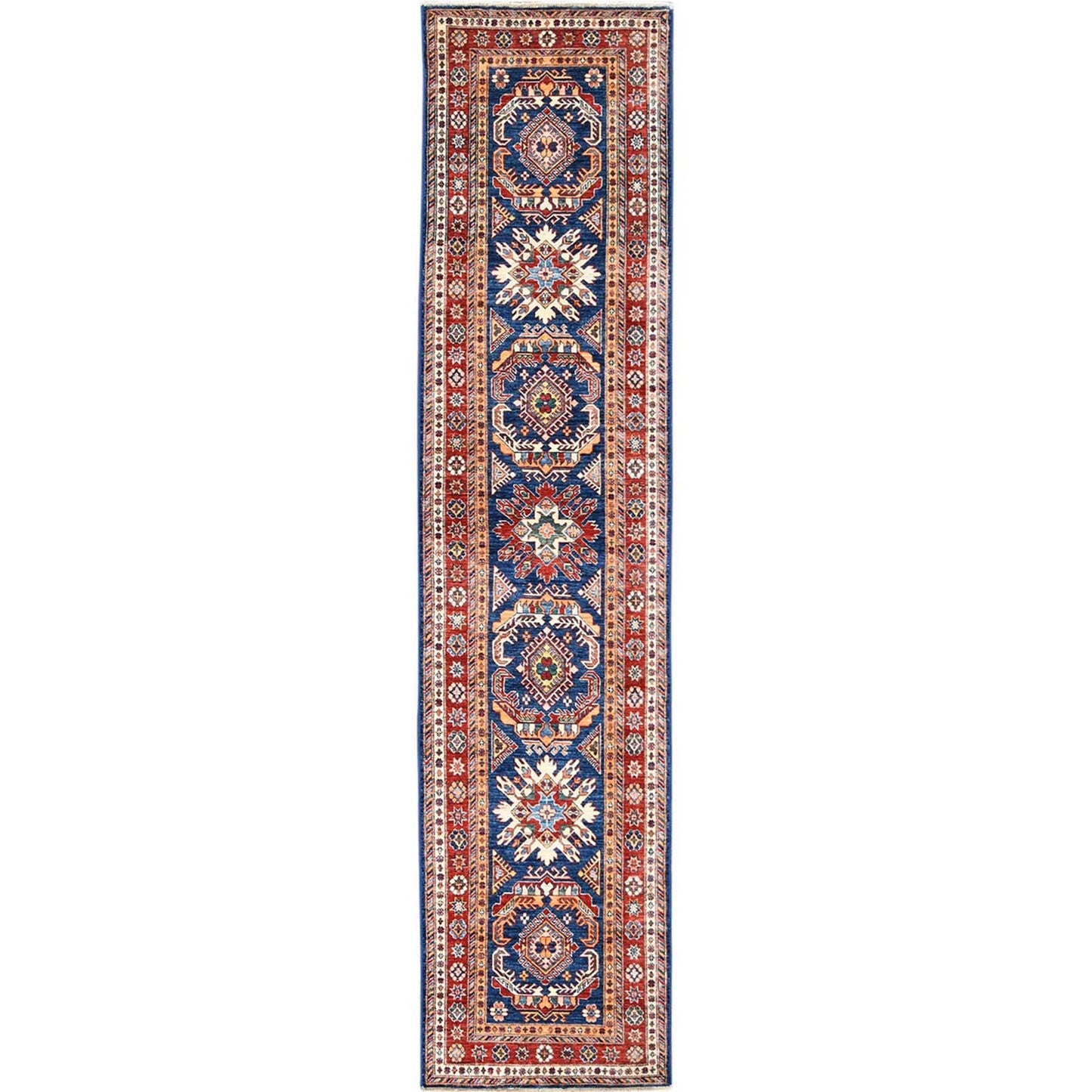 2'6"X11' Hand Knotted Navy Blue Afghan Super Kazak Soft Wool Runner Rug