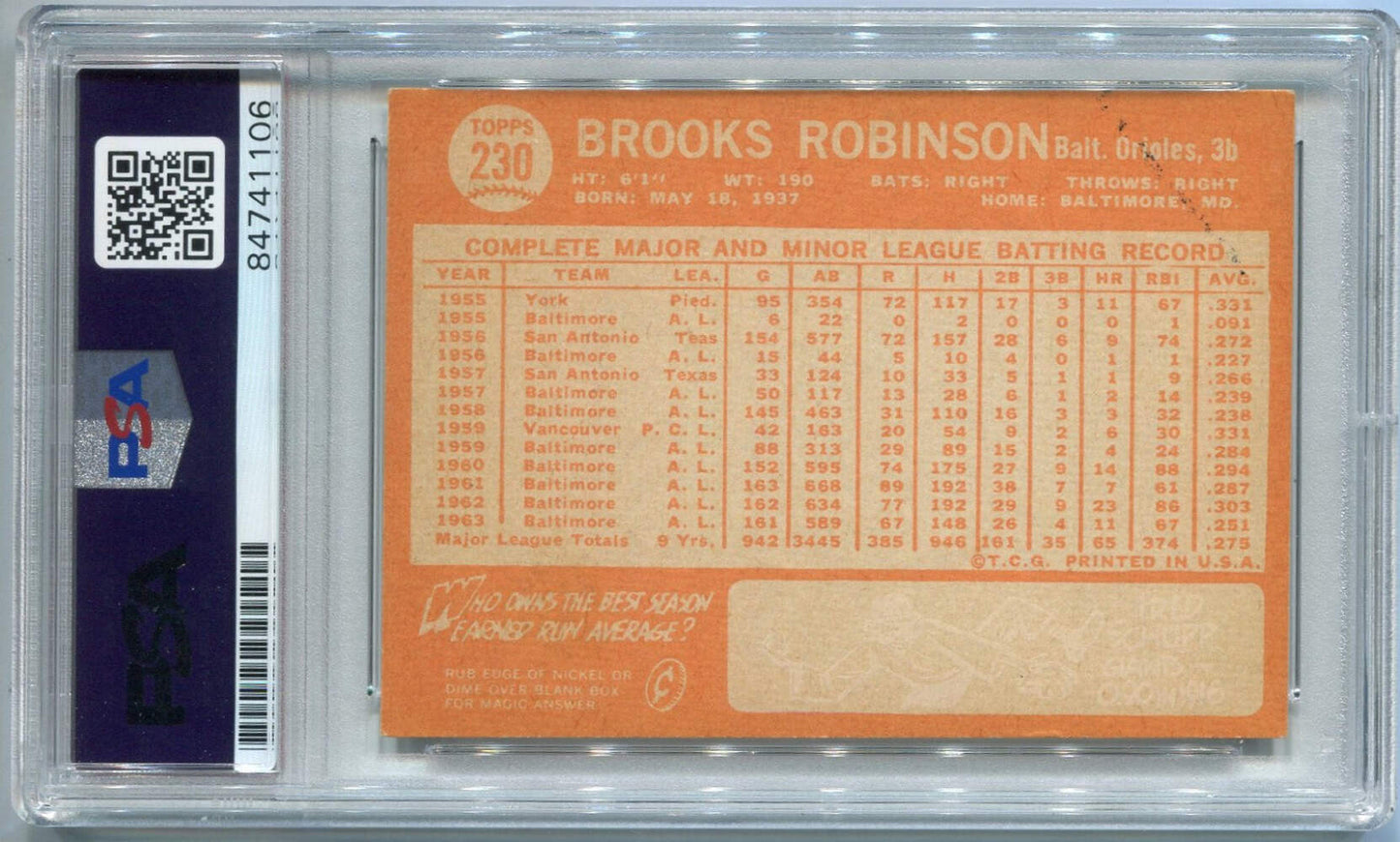 Brooks Robinson 1964 Topps Autographed Card #230 Psa/Dna Certified