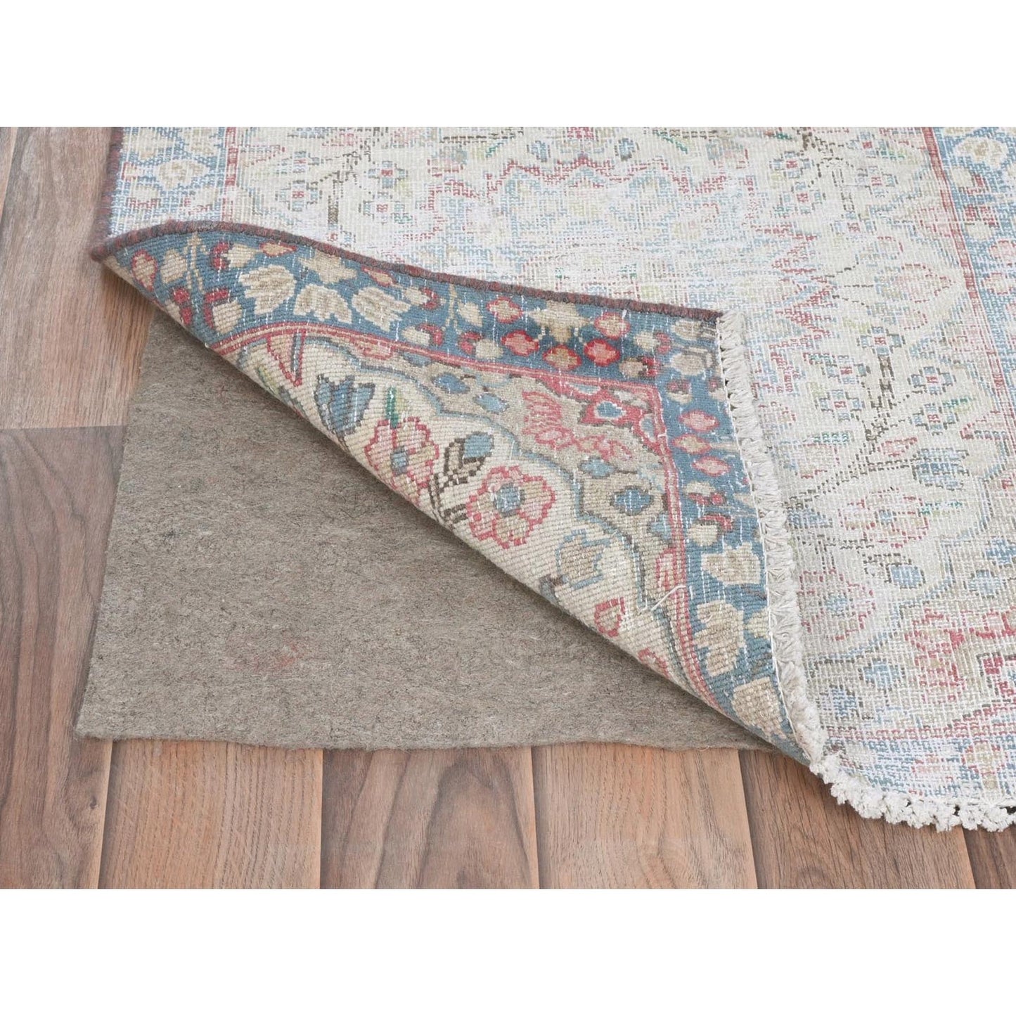 1'10"X2'6" Ivory Vintage Farsian Karman Worn Wool Hand Knotted Mat Rug