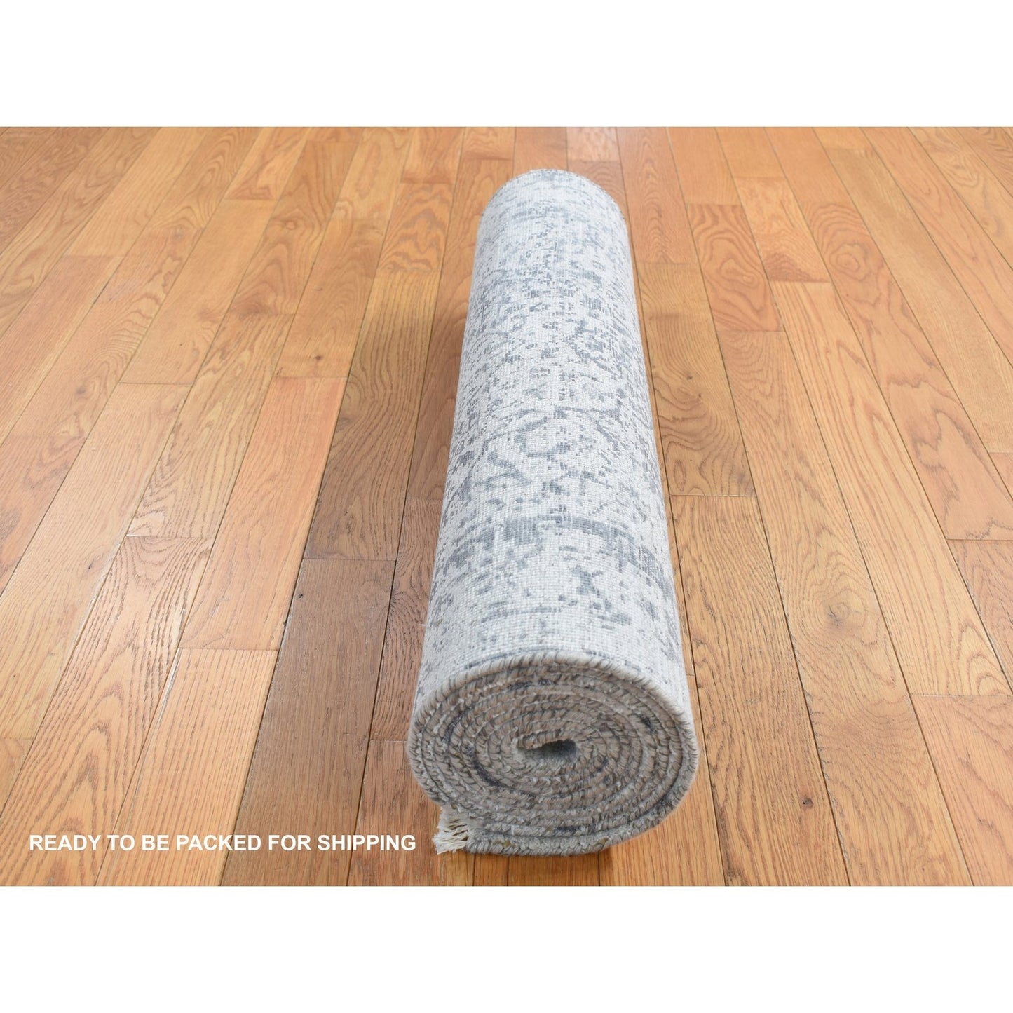 2'8"X10' Gray Erased Zoroastrian Design Wool/Silk Hand Knotted Runner Rug