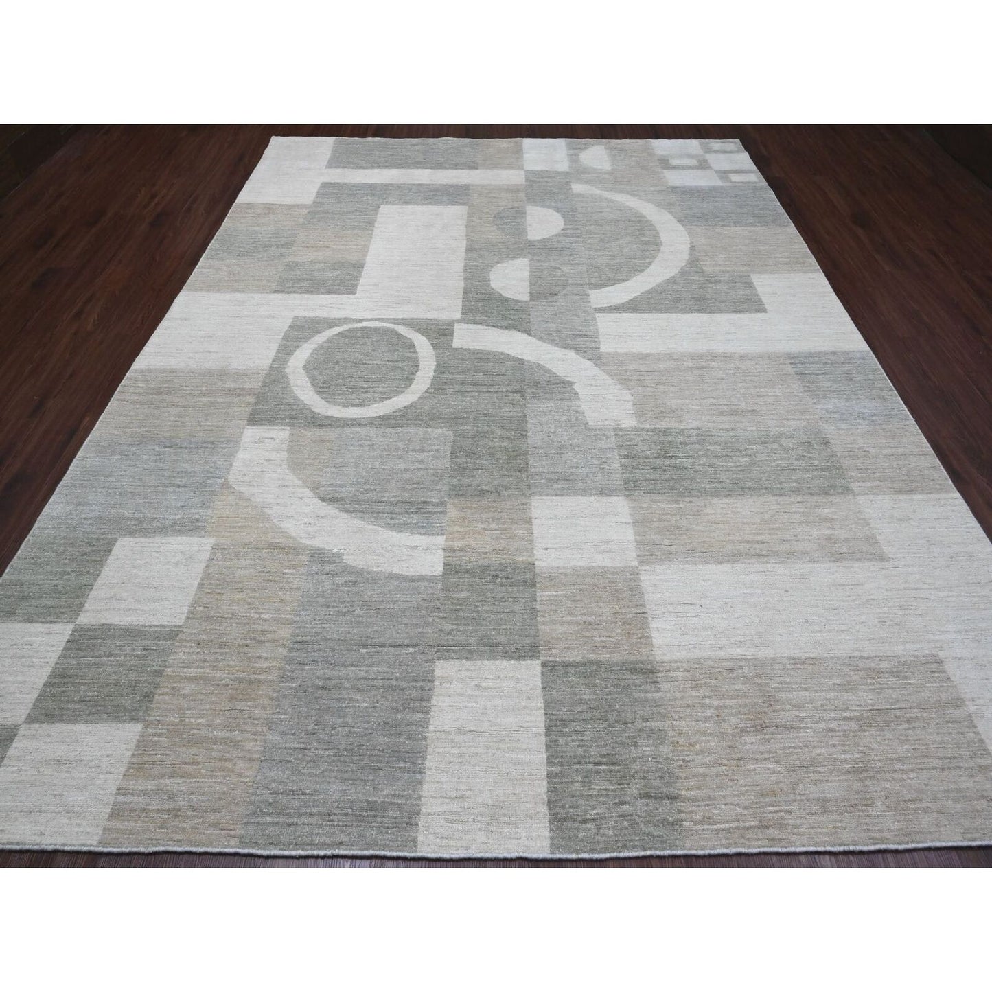 8'9"X11'6" Gray Bauhaus Inspired Geometric Pattern Hand Knotted Wool Rug
