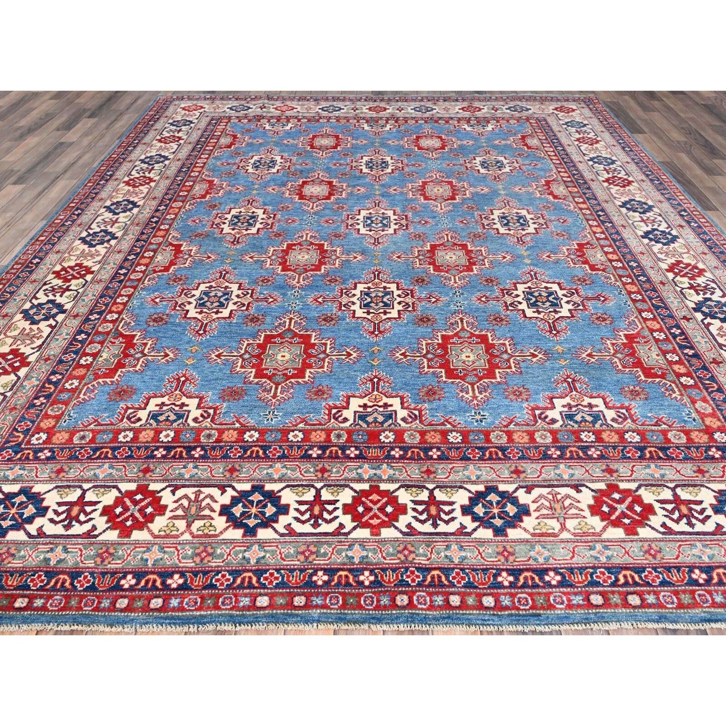 9'2"X11'9" Blue Hand Knotted Geometric Medallions Pure Wool Oriental Rug