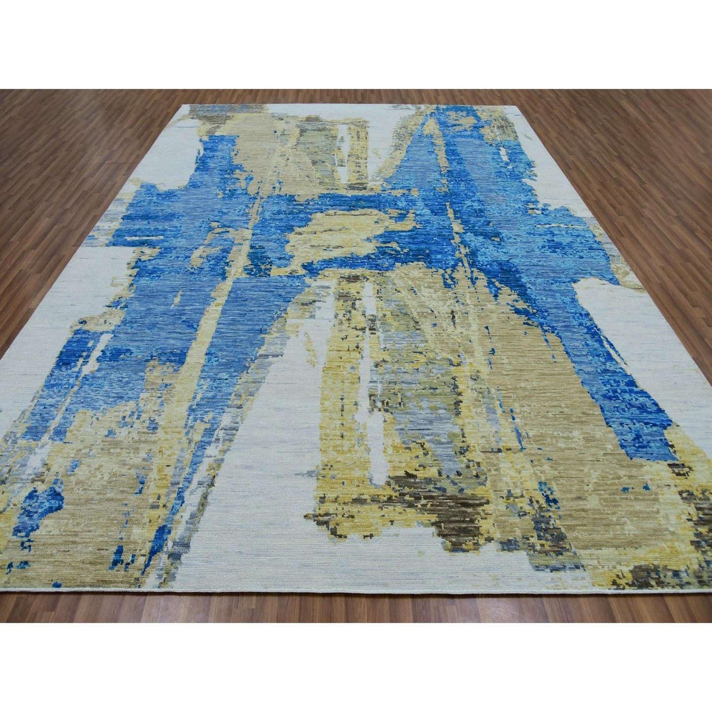 10'2"X13'8" Ivory Colorful Modern Abstract Design Hand Knotted Wool Rug