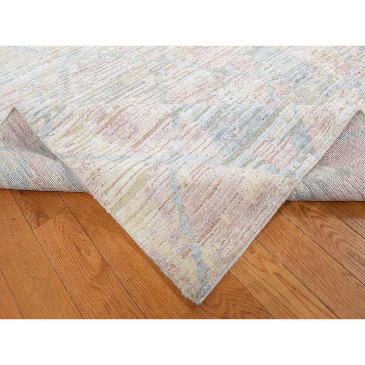 9'X11'10" Light Yellow Trellis Design Wool And Silk Hand Knotted Rug