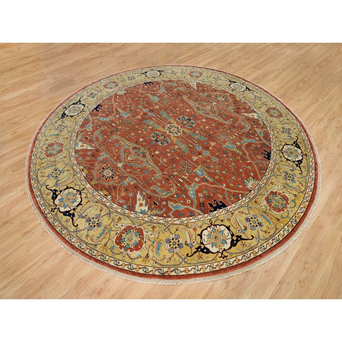 10'X10' Rust Red Fine Heris Re-Creation Wool Hand Knotted Round Rug