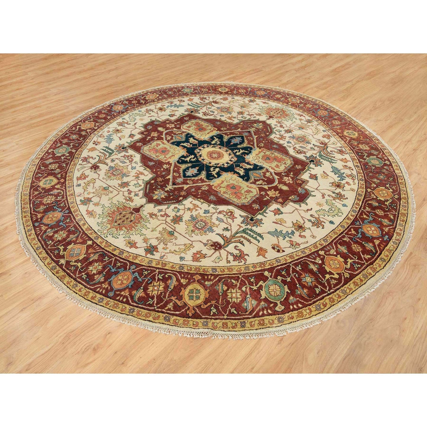 10'X10' Ivory Heris Re-Creation Hand Knotted Wool Round Oriental Rug