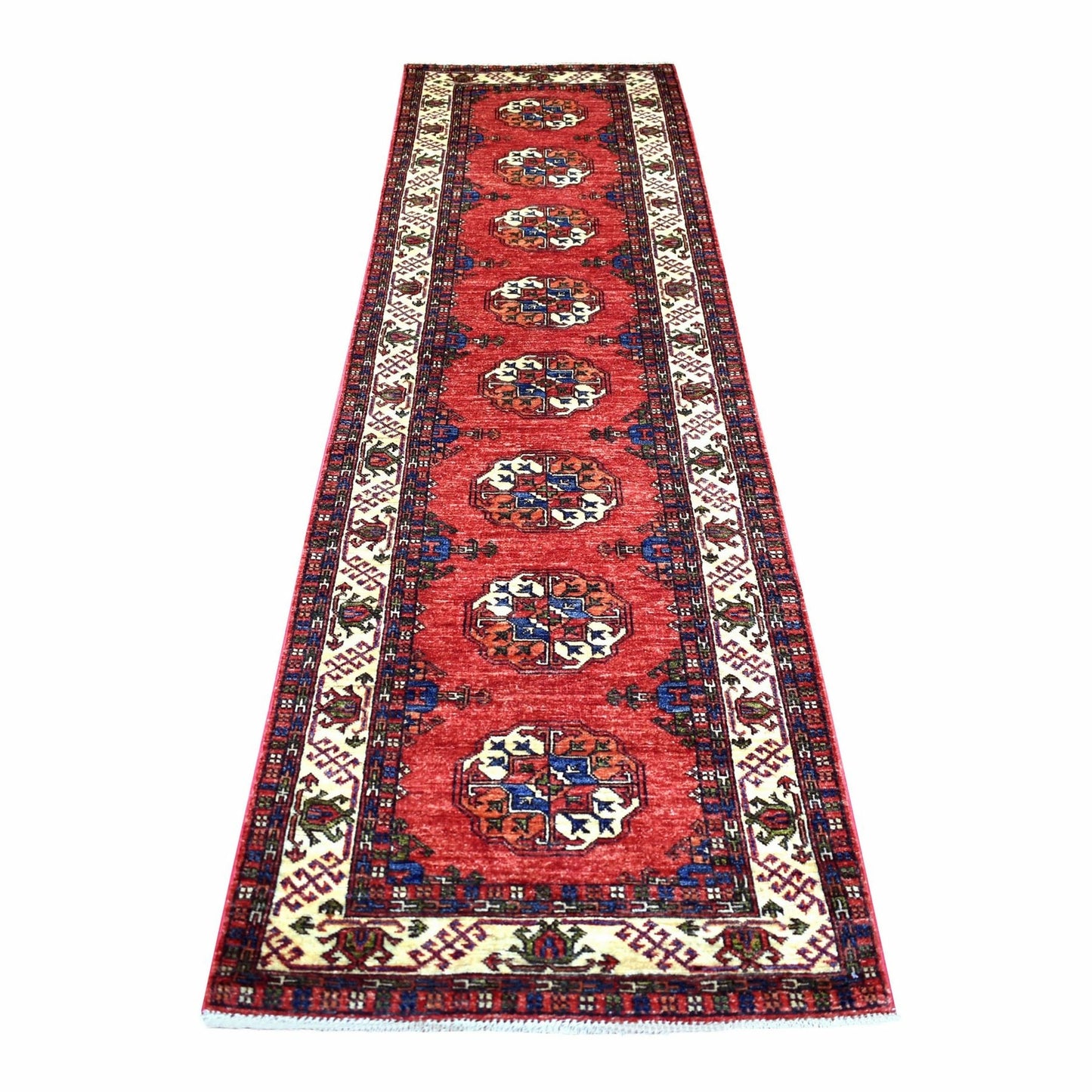 2'9"X9'10" Coral Red Hand Knotted Turkeman Ersari Pure Wool Runner Rug