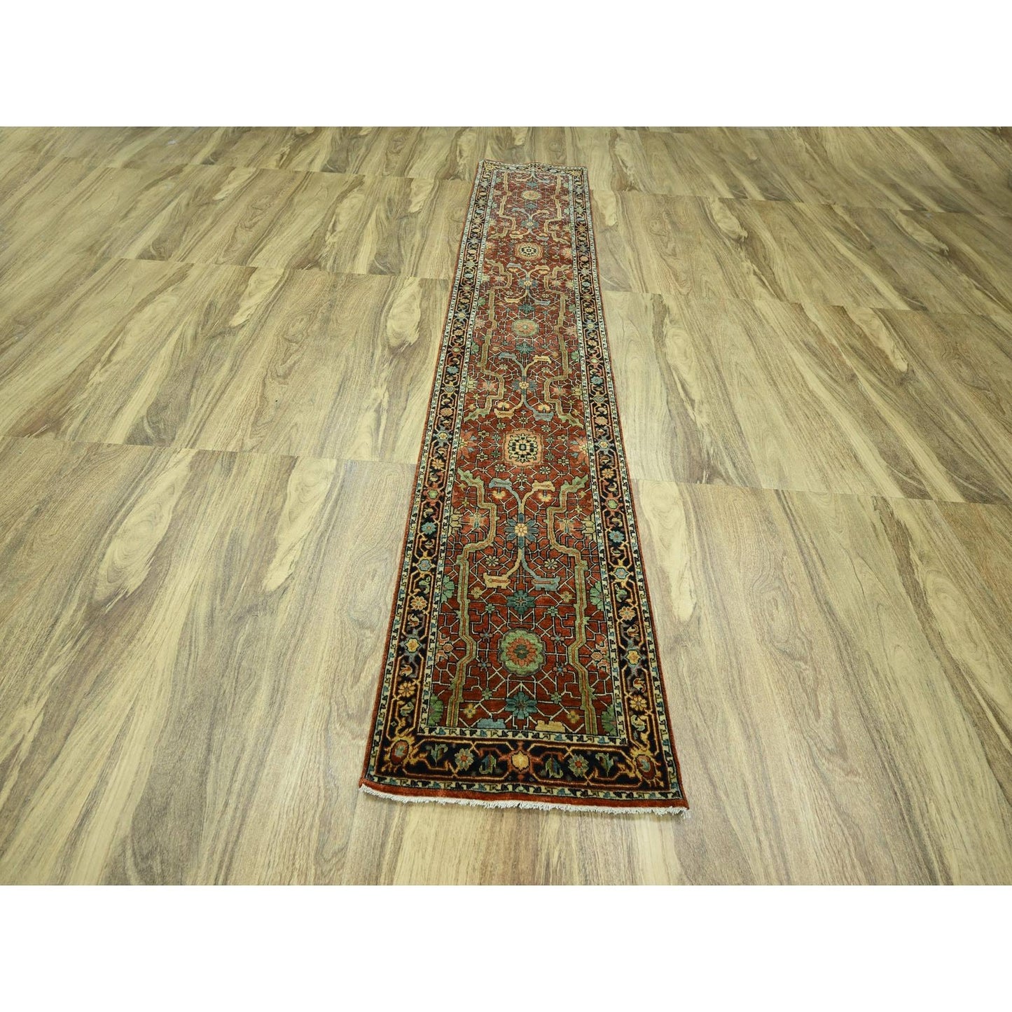 2'6"X12' Auburn Red Heris All Over Design Hand Knotted Wool Runner Rug