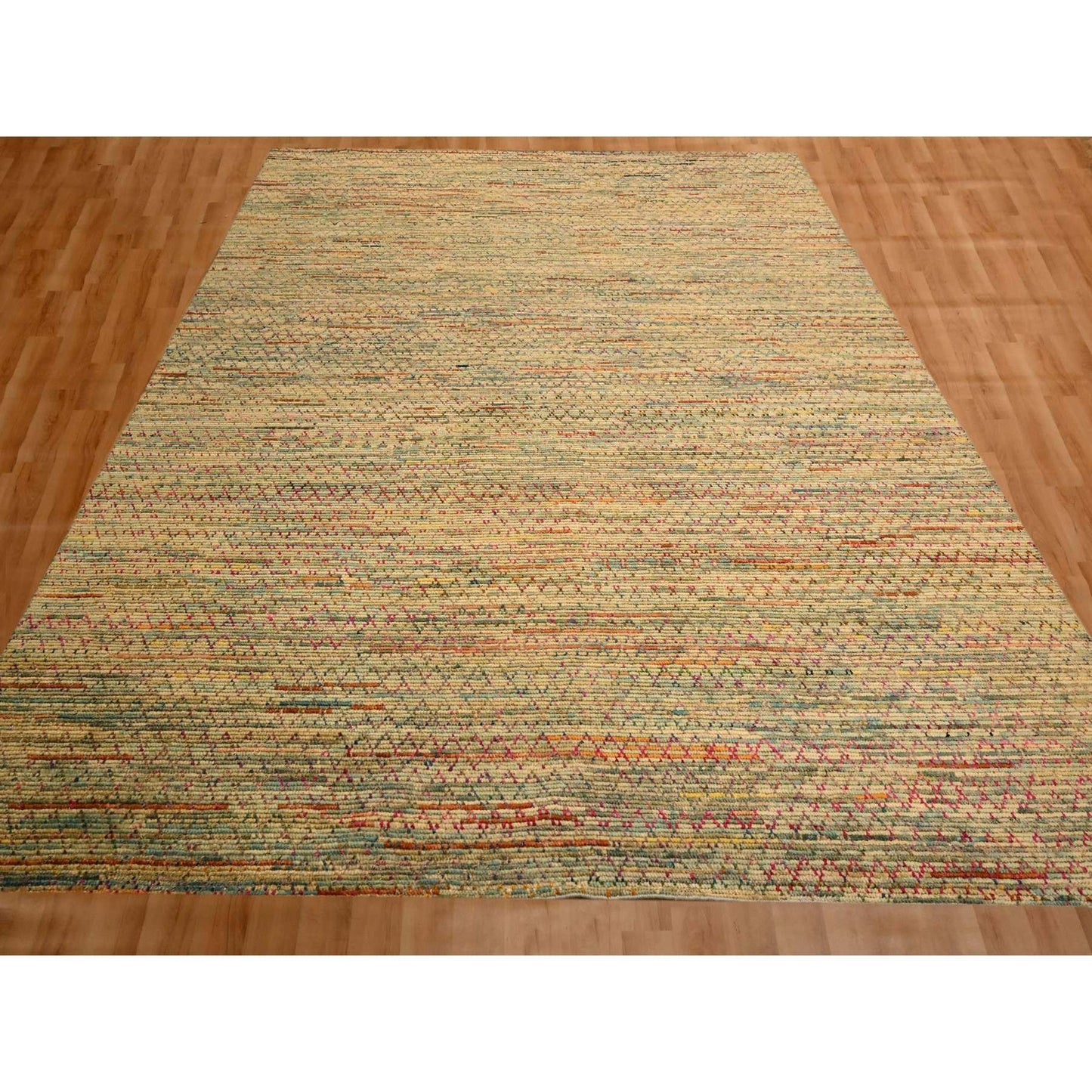 9'1"X12'2" Beige Wool And Sari Silk With Textured Weave Hand Knotted Rug