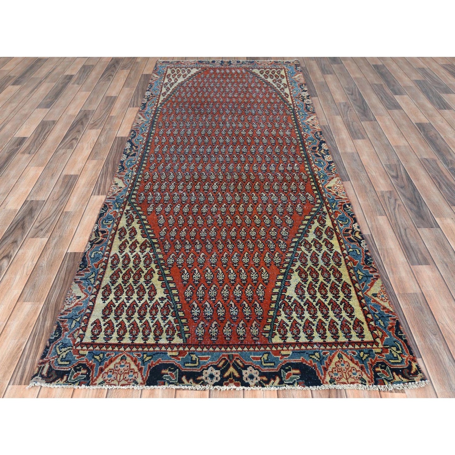 3'7"X9'3" Red Pure Wool Vintage Farsian Hand Knotted Worn Down Runner Rug