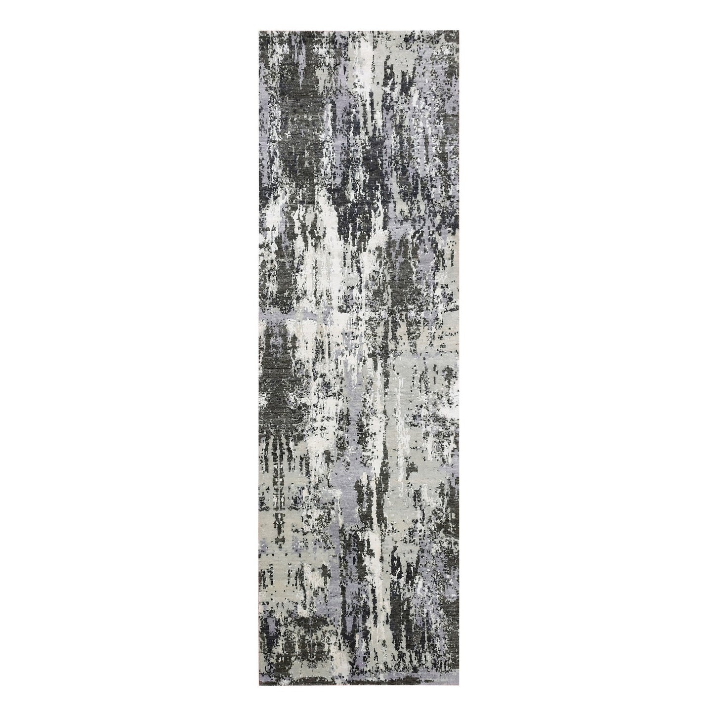 2'6"X8'3" Gray Abstract Design Wool And Silk Hand Knotted Runner Rug