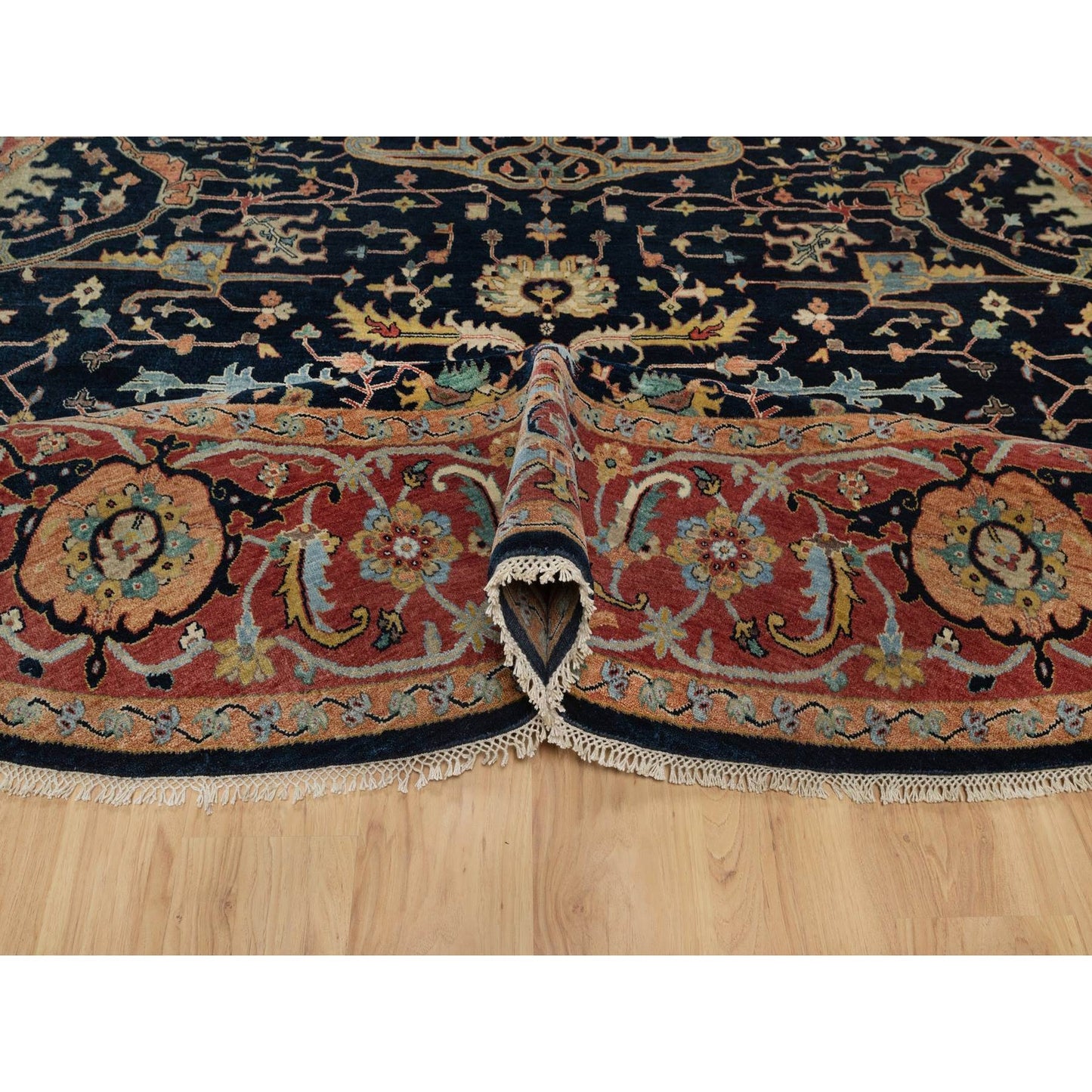 10'1"X10'1" Navy Antiqued Heris Re-Creation Hand Knotted Wool Round Rug