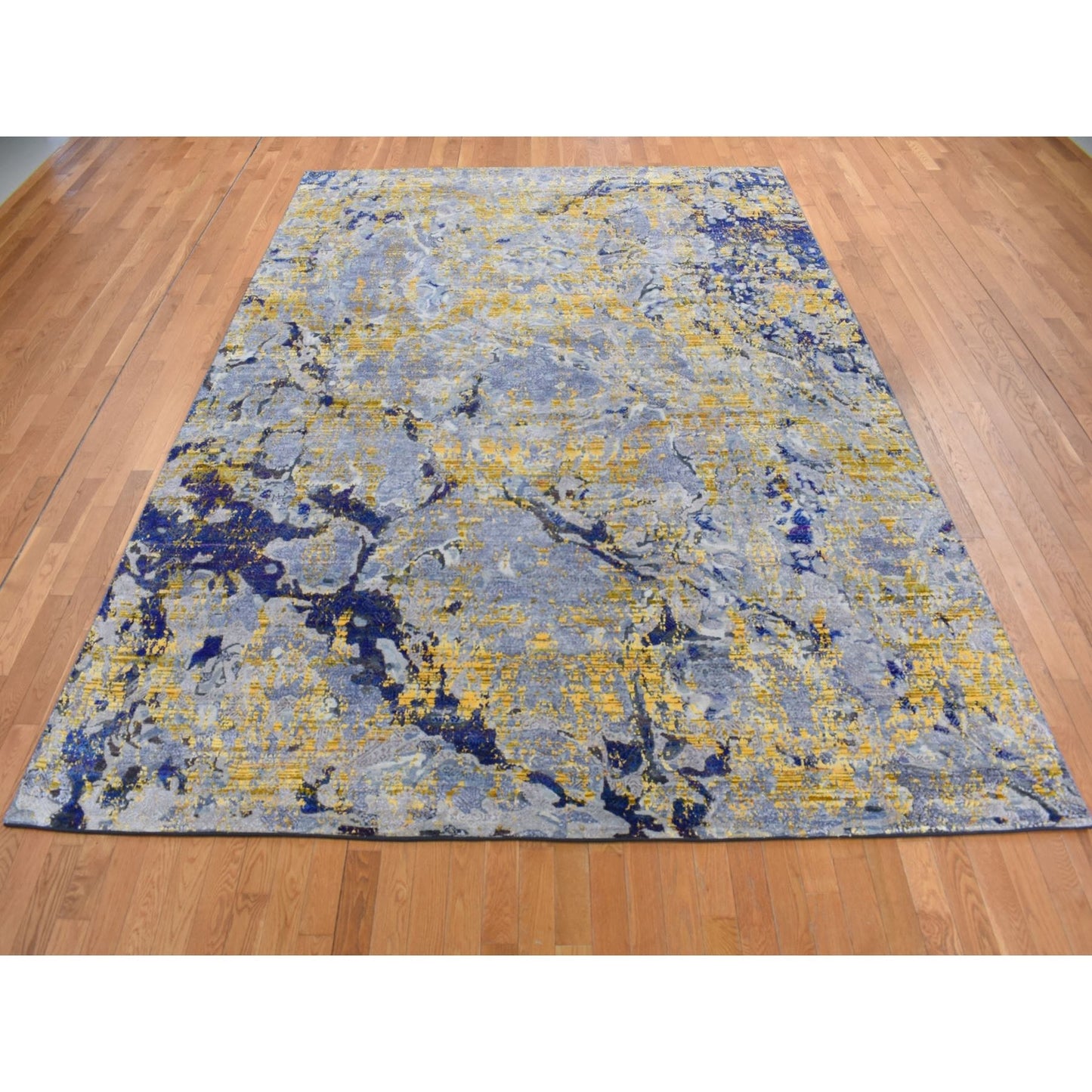 8'10"X12'5" Yellow Modern Design Sari Silk With Wool Hand Knotted Rug