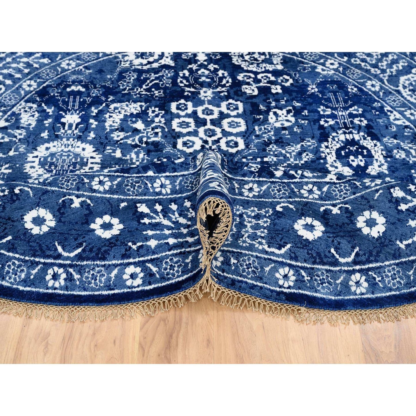 8'2"X8'2" Denim Blue Wool And Silk Hand Knotted Tebraz Round Rug