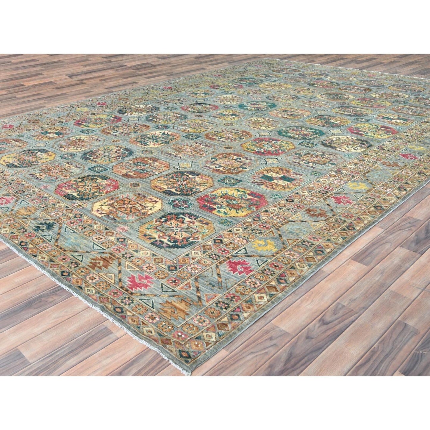9'9"X14'1" Silver Blue Afghan Super Kazak Pure Wool Hand Knotted Rug