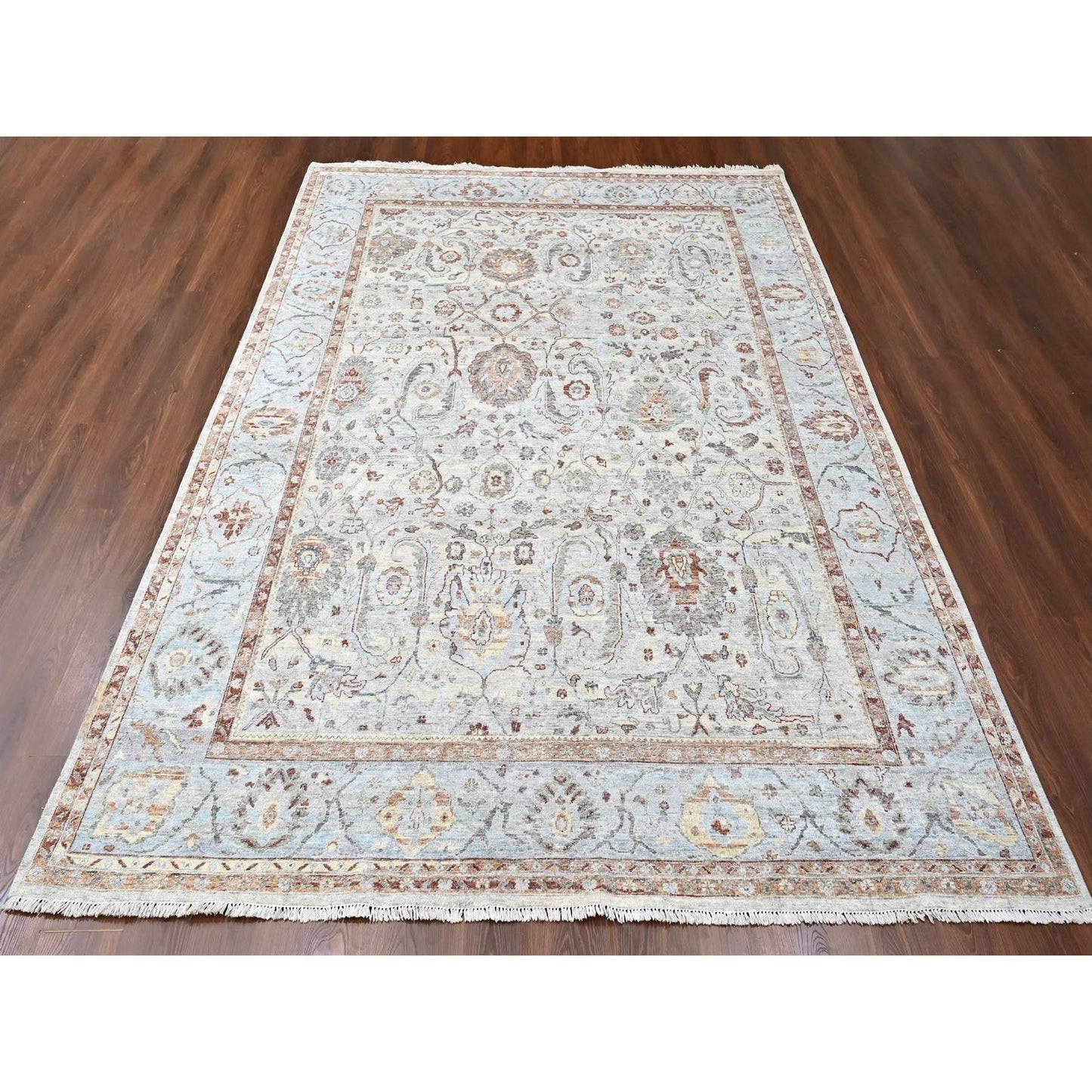 9'X11'9" Gray Pure Wool Antiqued Ziegler Mahal Design Hand Knotted Rug