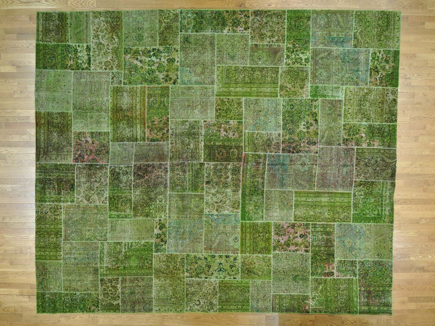 13'2"X15'8" Overdyed Patchwork Worn Down Tebraz Pure Wool Handmade Rug