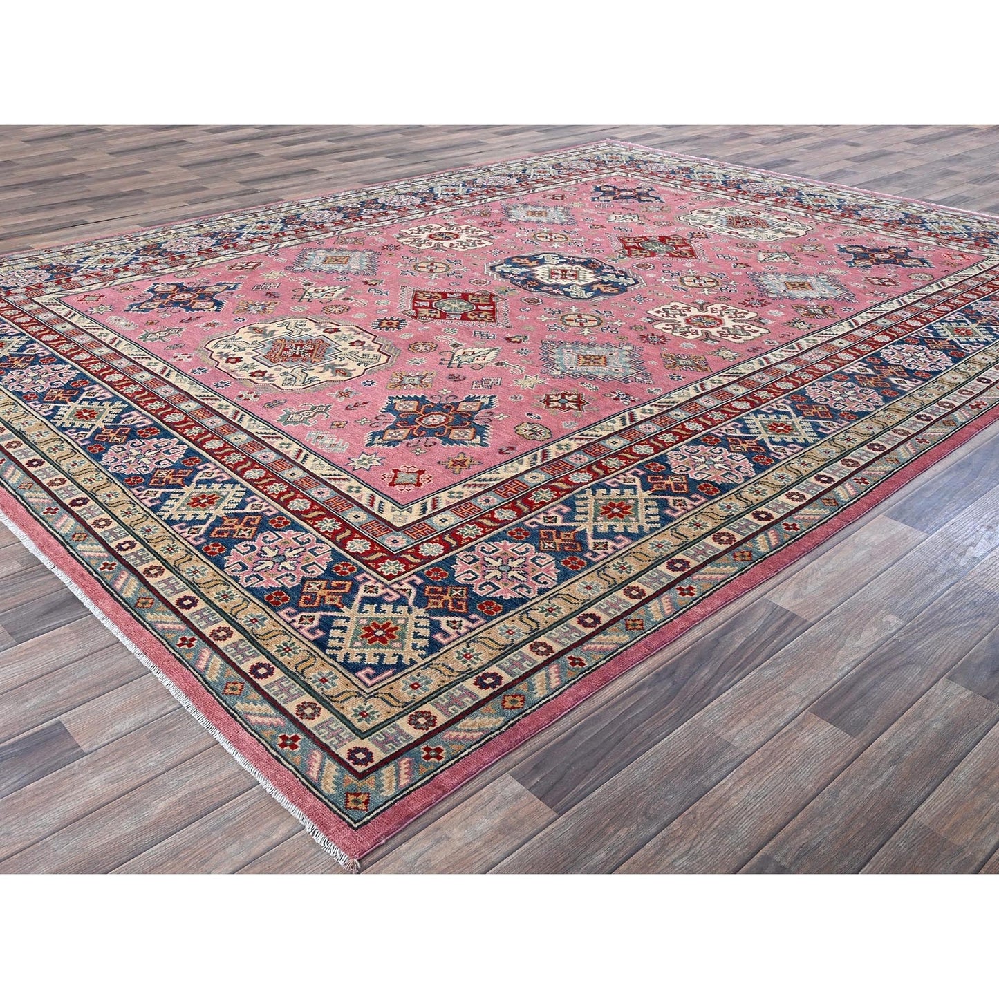 8'9"X11'8" Pink Kazak With Tribal Design Hand Knotted All Wool Oriental Rug
