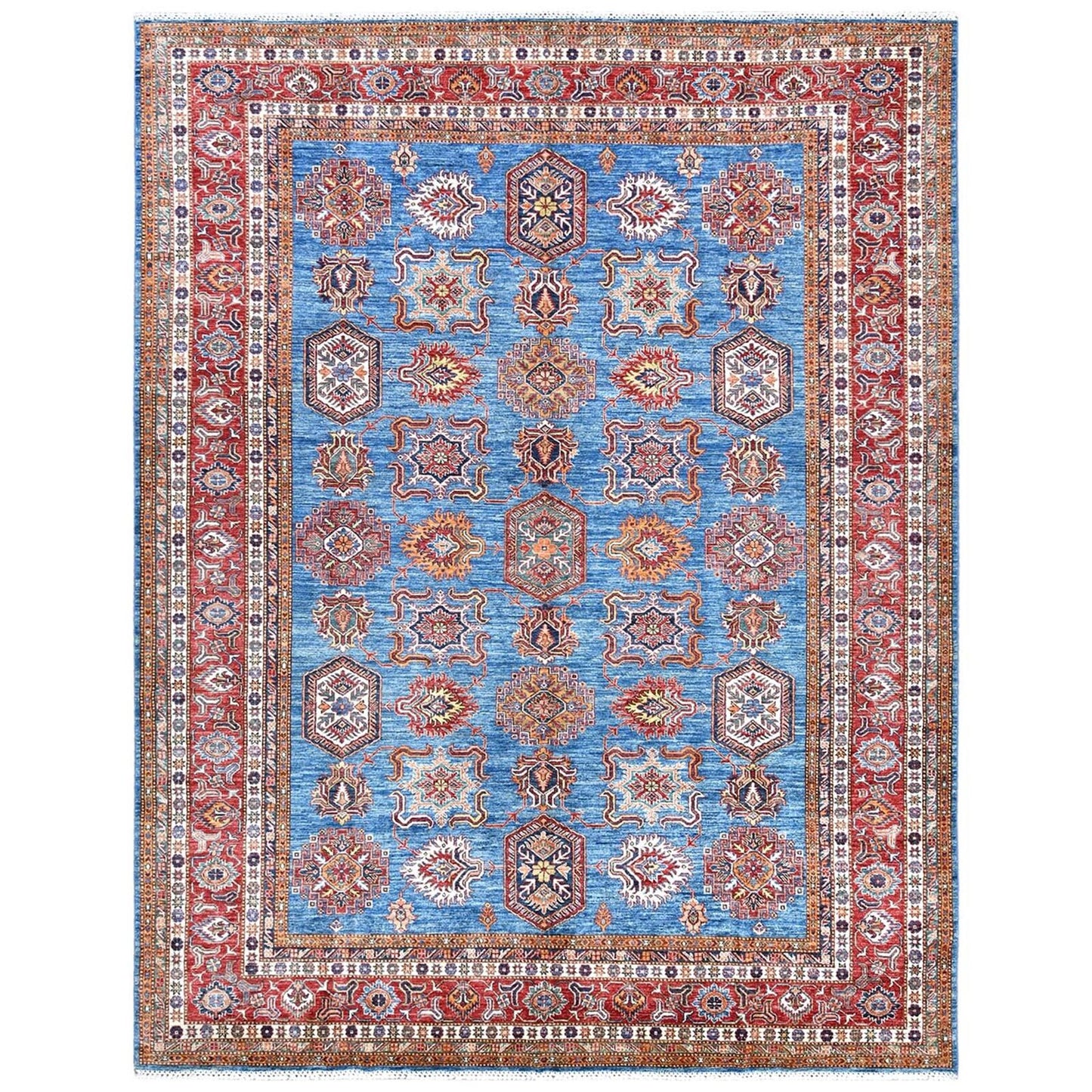 9'2"X11'10" Denim Blue Caucasian Design Super Kazak Wool Hand Knotted Rug