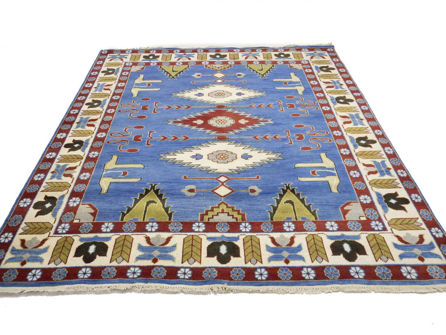 Farmho Boho Blue Geometric Kazak Oriental Rug
