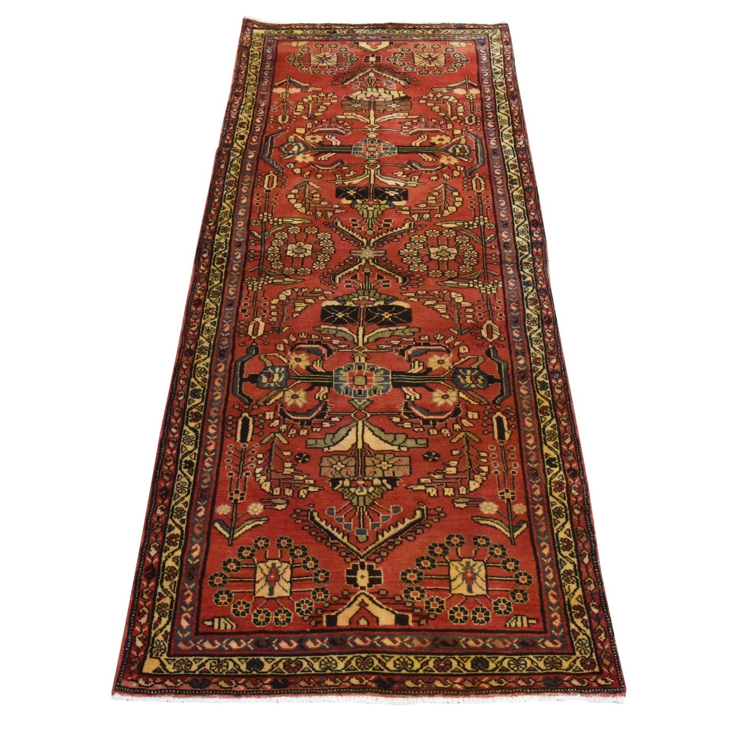 3'4"X9'10" Red Semi Antique Zoroastrian Pure Wool Hand Knotted Runner Rug