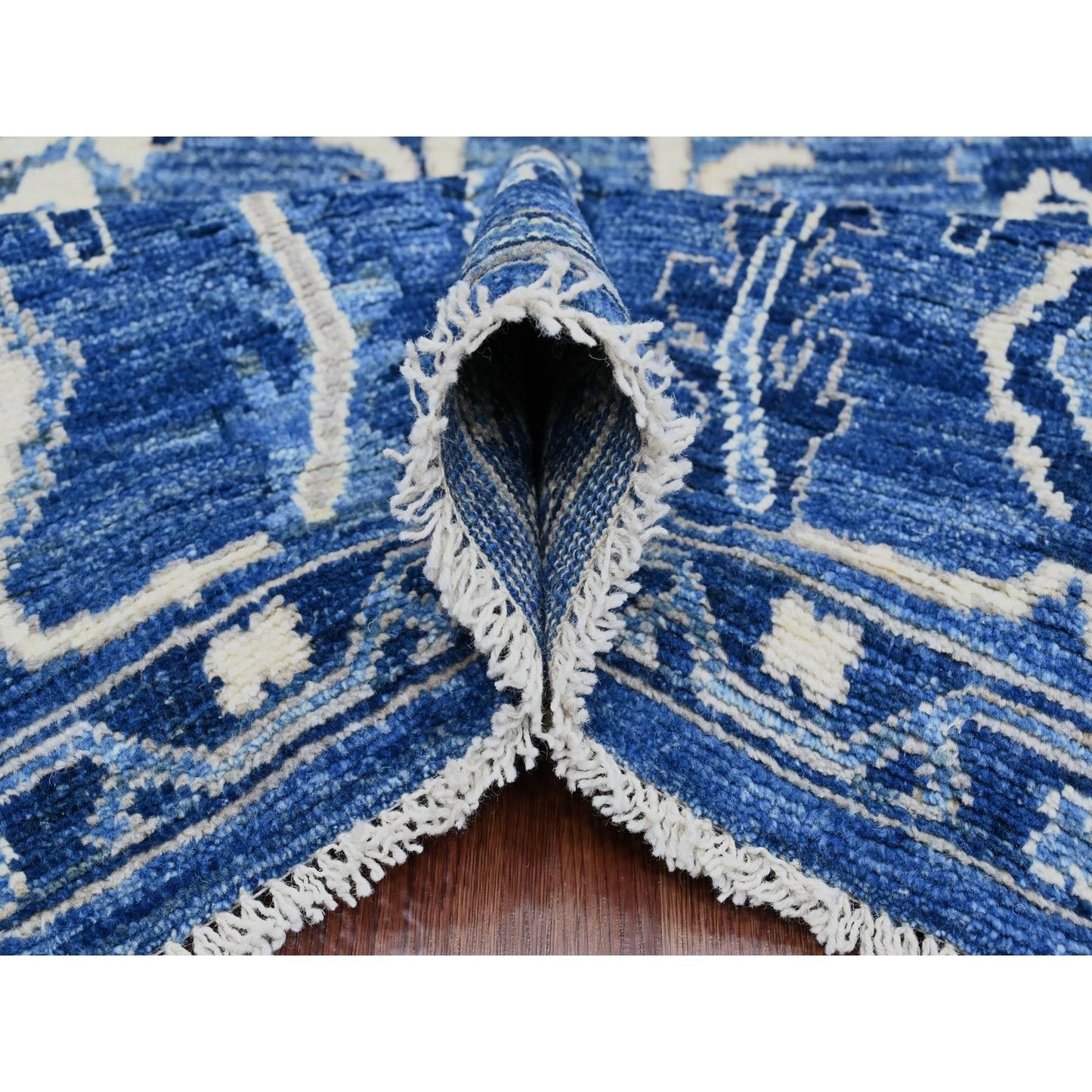 8'1"X9'8" Blue Hand Knotted Afghan Angora Oushak Vines Design Wool Rug
