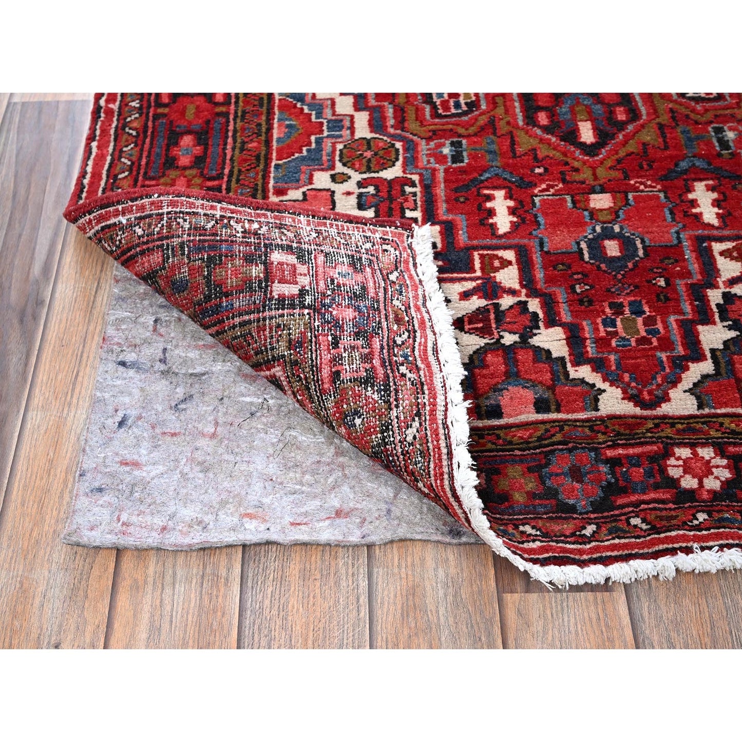 3'6"X11'5" Red Vintage Zoroastrian Heris Pure Wool Hand Knotted Runner Rug