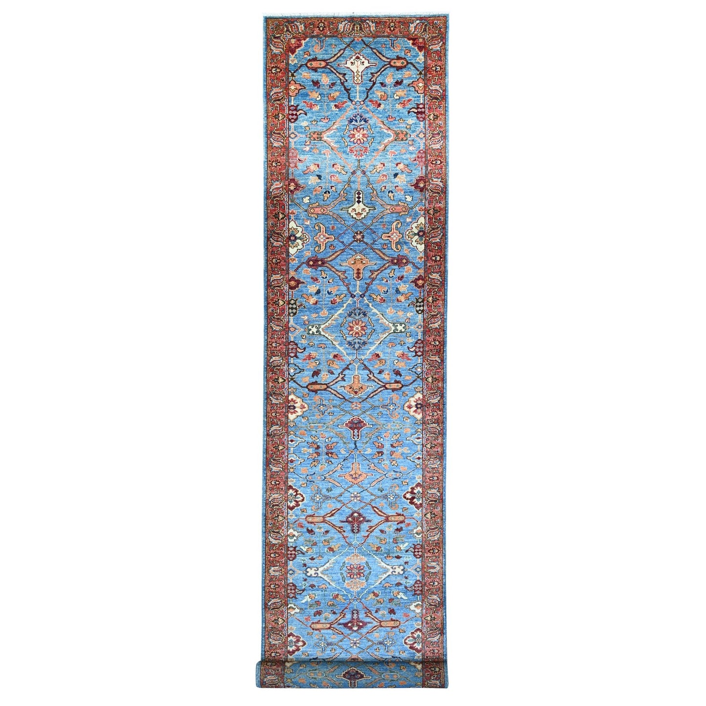 3'7"X21'8" Blue Fine Aryana Hand Knotted Natural Dyes Runner Oriental Rug