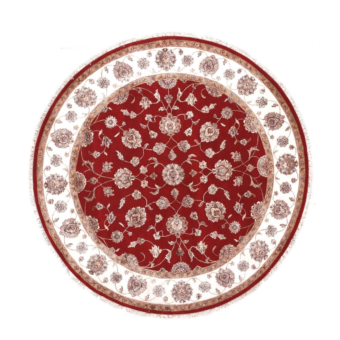 8'X8' Red Dahlia Wool And Silk Hand Knotted Rajasthan Design Round Rug