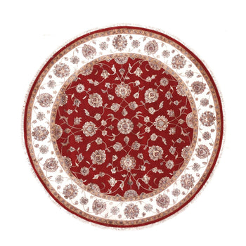 8'X8' Red Dahlia Wool And Silk Hand Knotted Rajasthan Design Round Rug