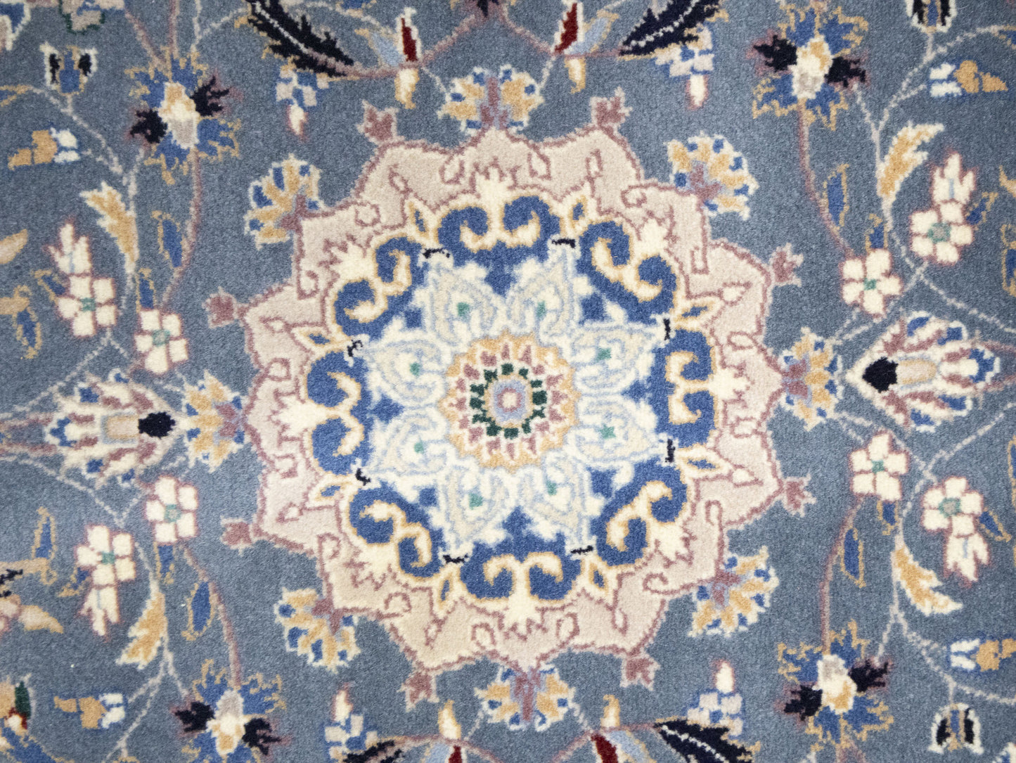 Blue-Gray Indo-Nain Wool Runner Rug Floral