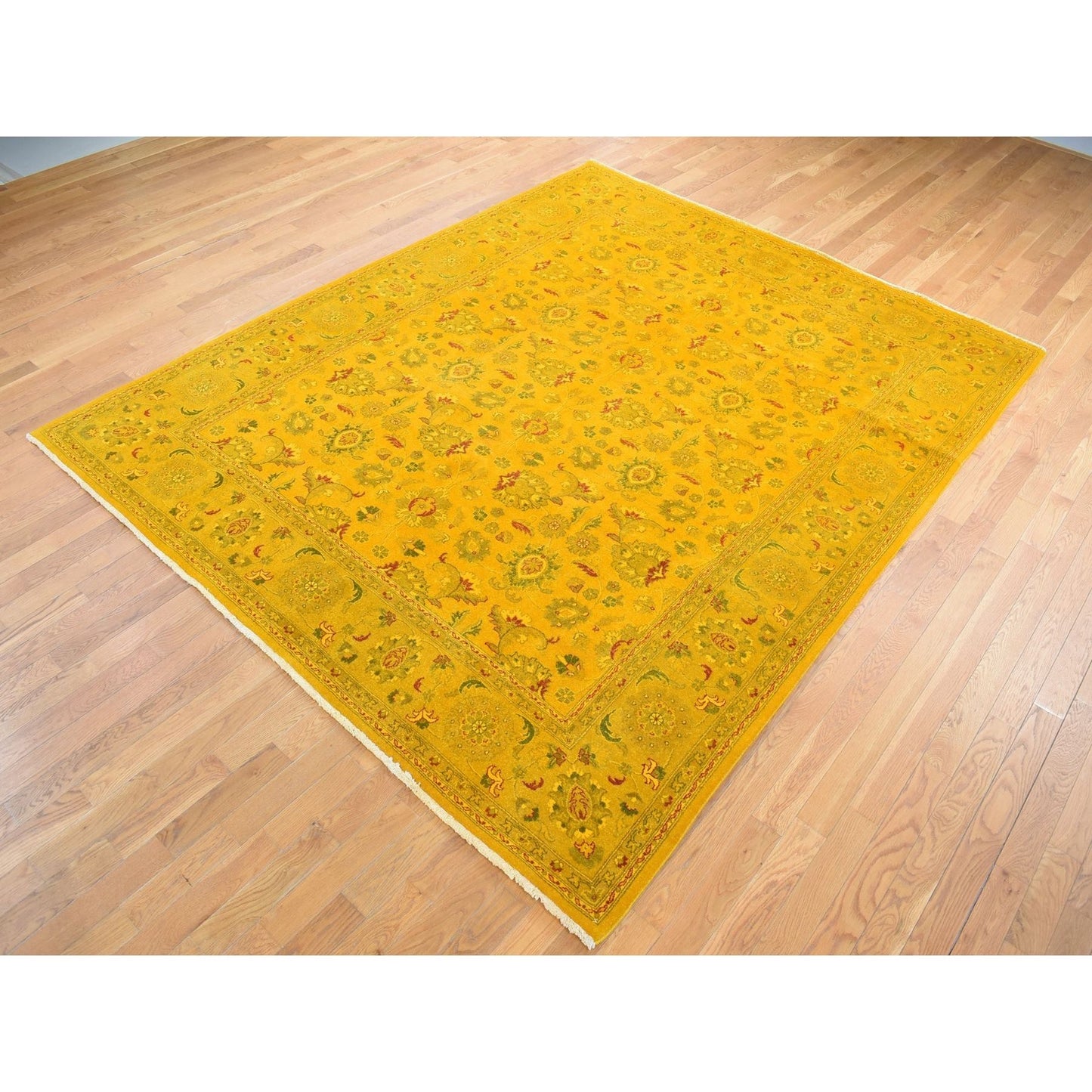 8'2"X10'1" Golden Overdyed Zoroastrian Design Wool Hand Knotted Rug