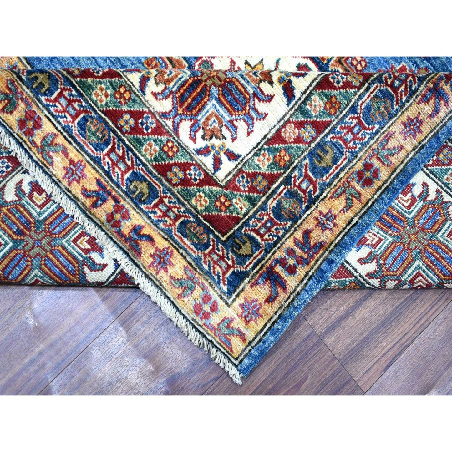 9'X12'8" Blue Caucasian Super Kazak Shiny And Soft Wool Hand Knotted Rug