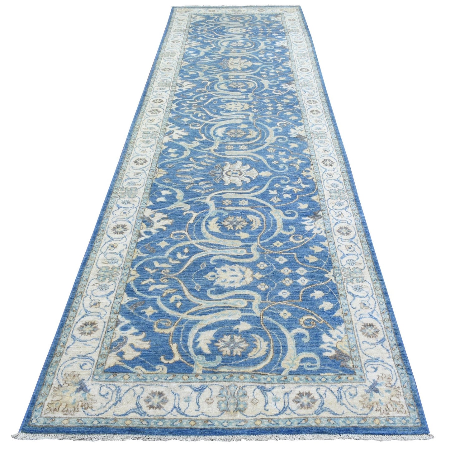 3'9"X13'3" Blue Fine Peshawar Soft Wool Hand Knotted Wide Runner Rug