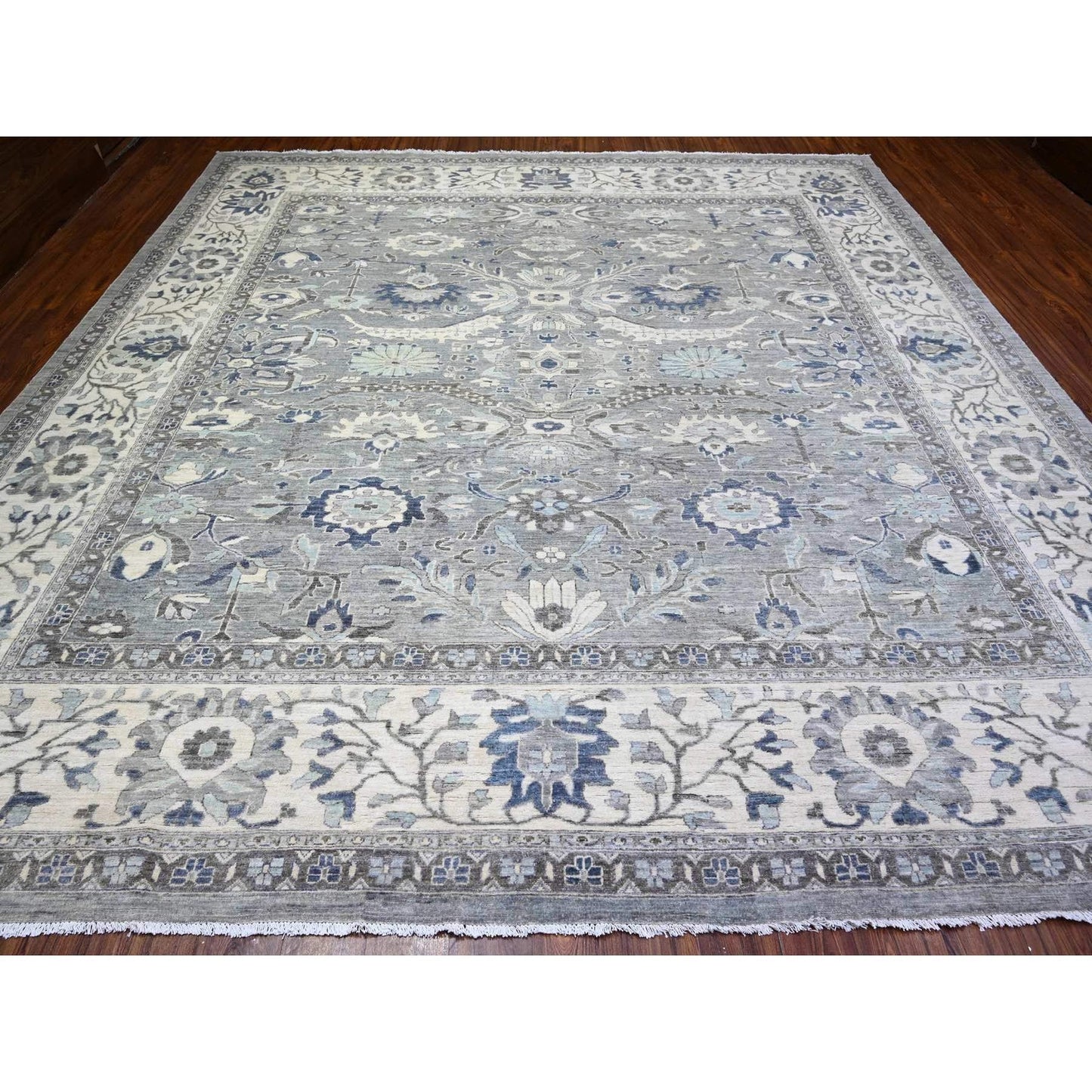 12'X12' Violet Mist Gray Fine Peshawar Hand Knotted Soft Wool Square Rug