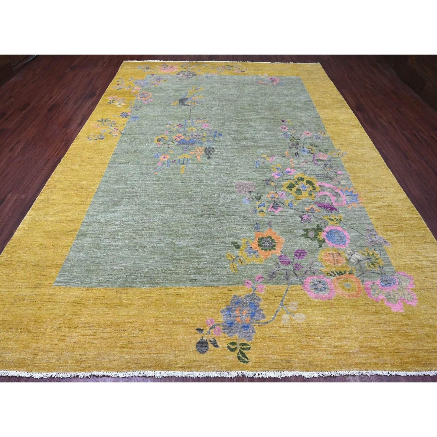 9'1"X12'5" Green Chinese Art Deco Inspired Peshawar Hand Knotted Wool Rug