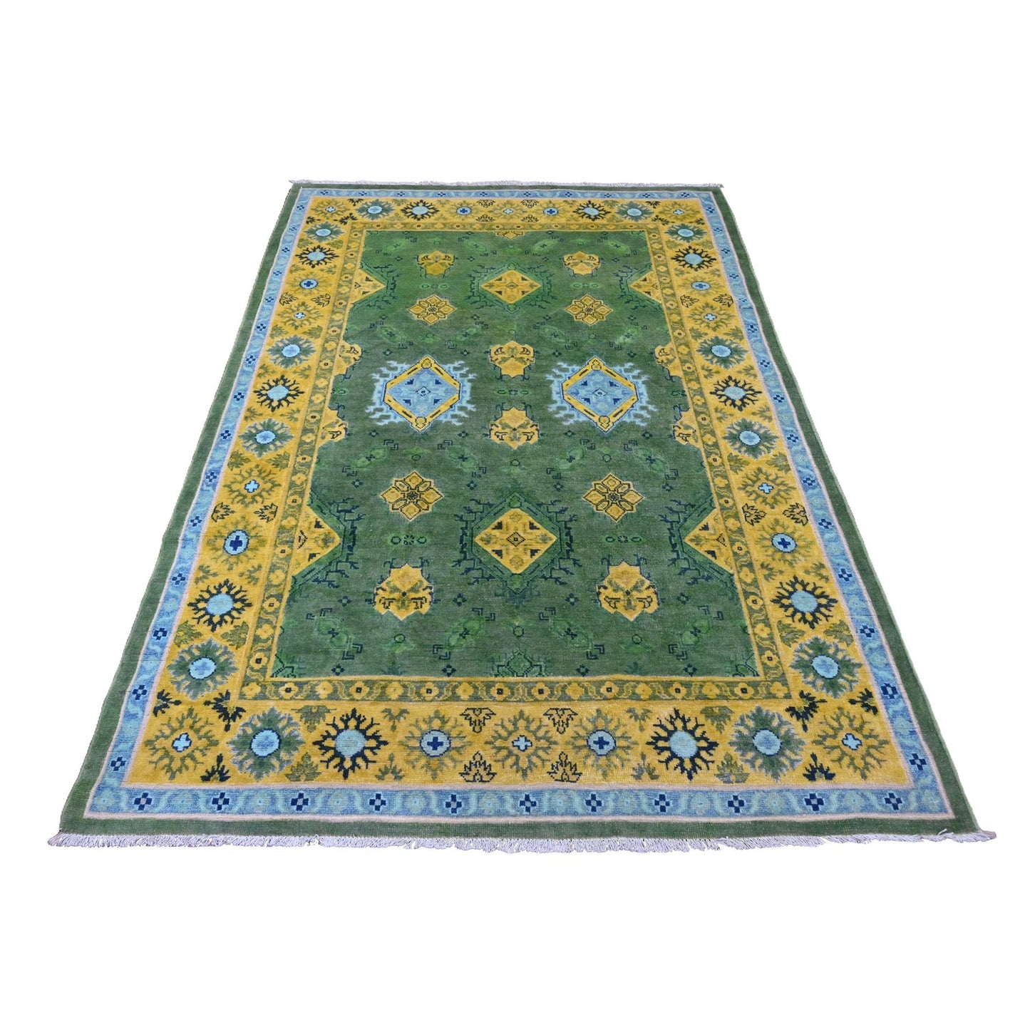 5'4"X7'6" Green Fusion Kazak Caucasian Design Pure Wool Hand Knotted Rug