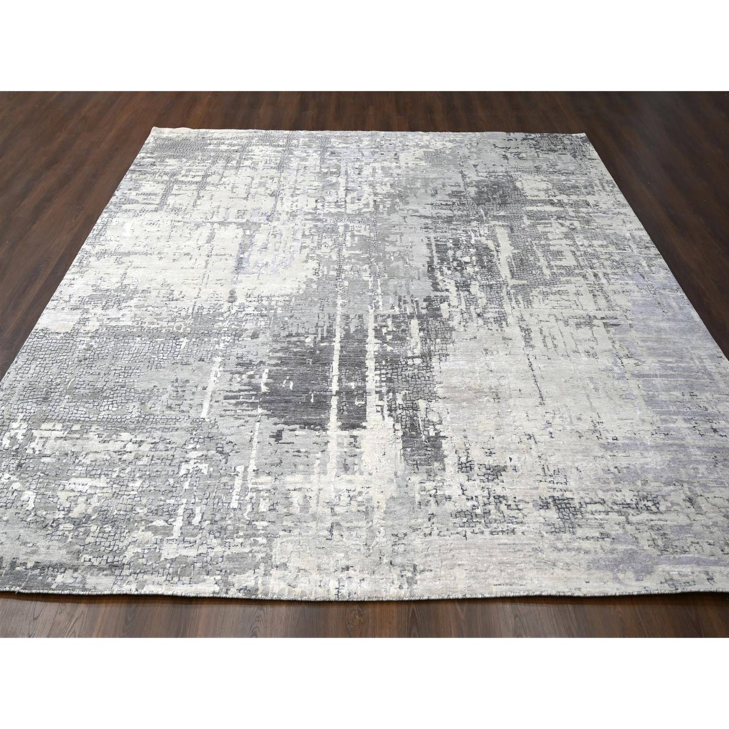 12'X12' Gray Abstract Design Wool And Silk Hand Knotted Square Rug