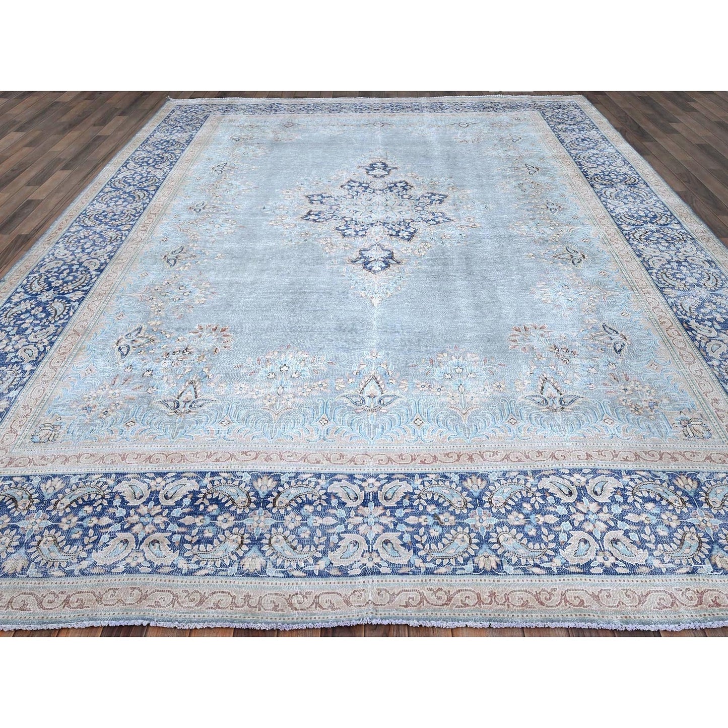 10'X12'9" Blue Worn Down Shiny Wool Cropped Thin Cleaned Oriental Rug