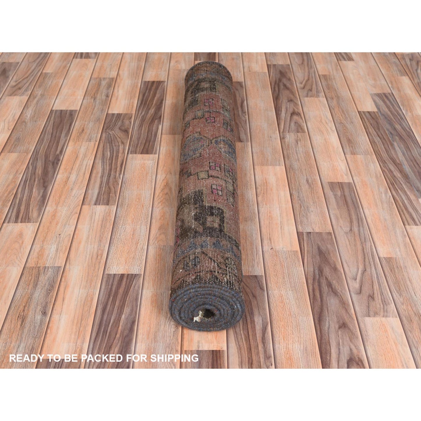 3'4"X9'3" Brown Hand Knotted Vintage Farsian Worn Wool Wide Runner Rug